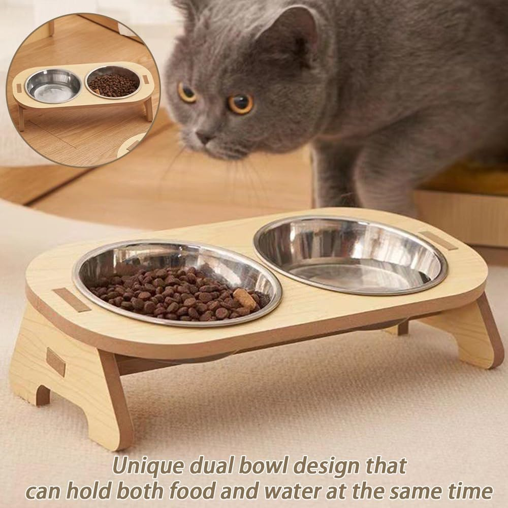 Elevated Cat Bowls Raised Cat Food Bowls, 15&deg;Tilted Stainless Steel Cat Bowls for Cats Puppy Small Dogs, Wooden Cat Food and Water Bowl Stand Feeder image number 1