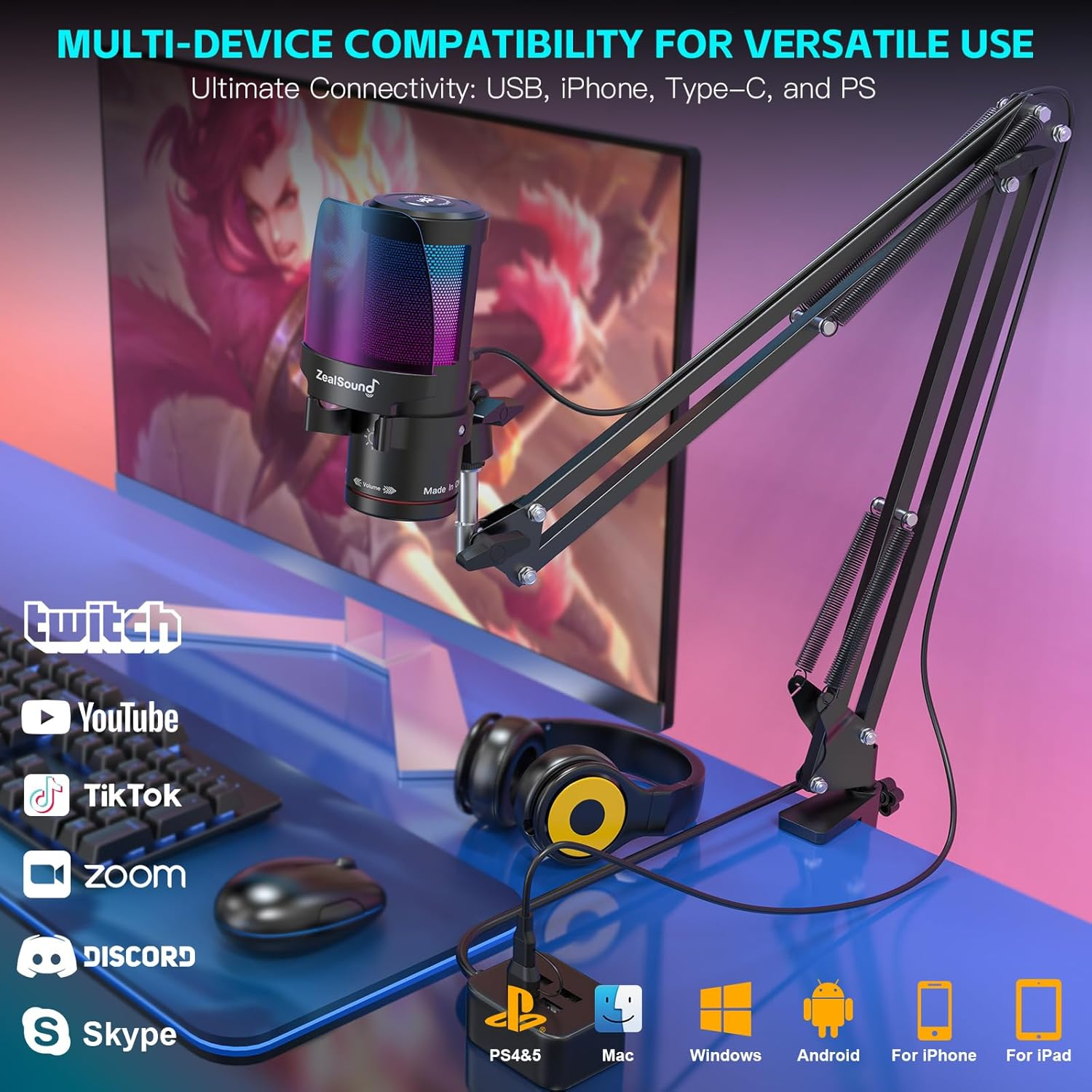 Zealsound USB Microphone for Iphone,Noise Cancellation Gaming Mic with Touch Mute,Gain,Monitoring,Usb Mic Boom Arm for Streaming,Podcast,Twitch,Youtube,Discord,Ipad,Pc,Computer,Ps4,Ps5,Mac,Gamerwave image number 4