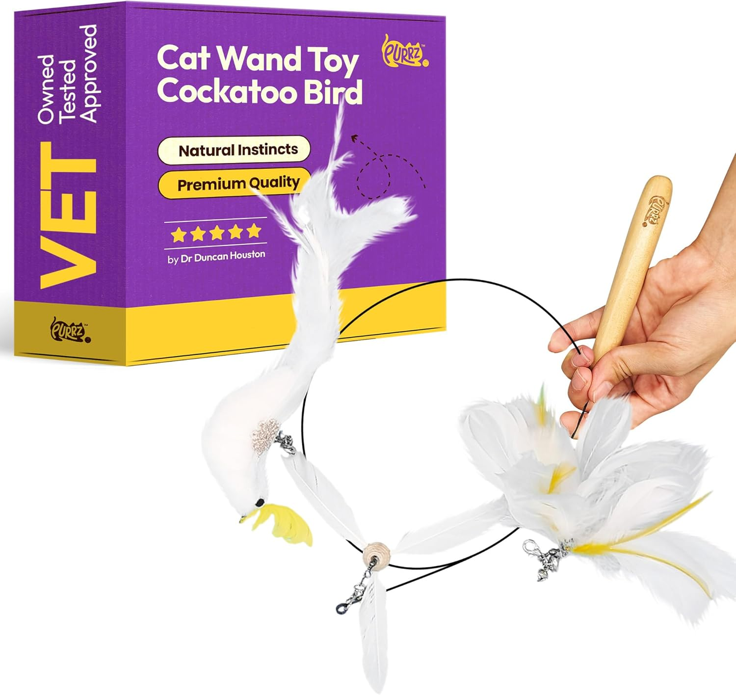 Cockatoo Wand Toy Set &ndash; Interactive Cat Wand with Wooden Handle & 6 Feather Attachments, Includes 2 Bird Toys, 2 Jingle Jangle Toys & 2 Helicopter Feather Toys &ndash; Vet Designed