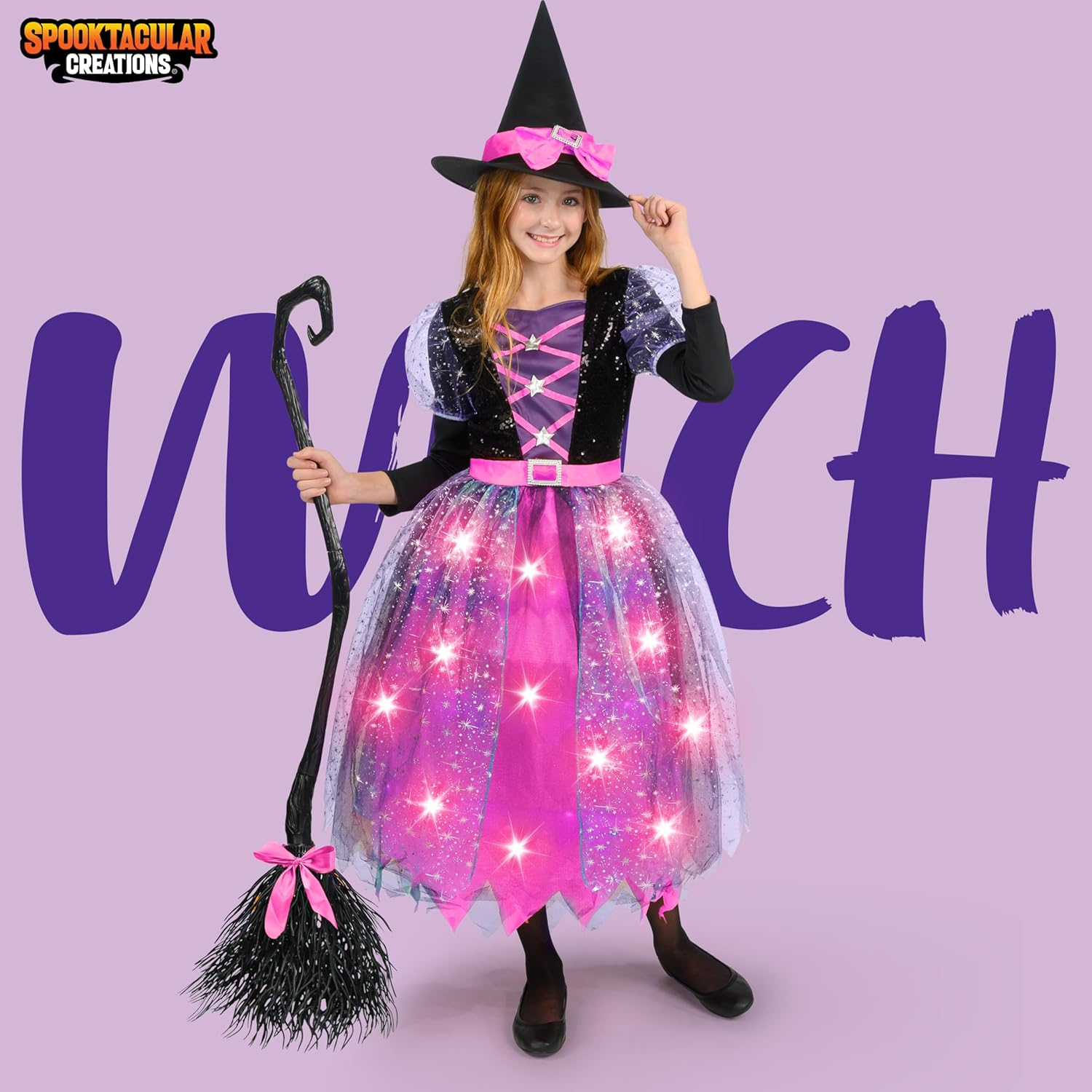 Spooktacular Creations Witch Costume Kids, Light up Halloween Costumes Witch Dress with Hat and Broom, Halloween Parties image number 3