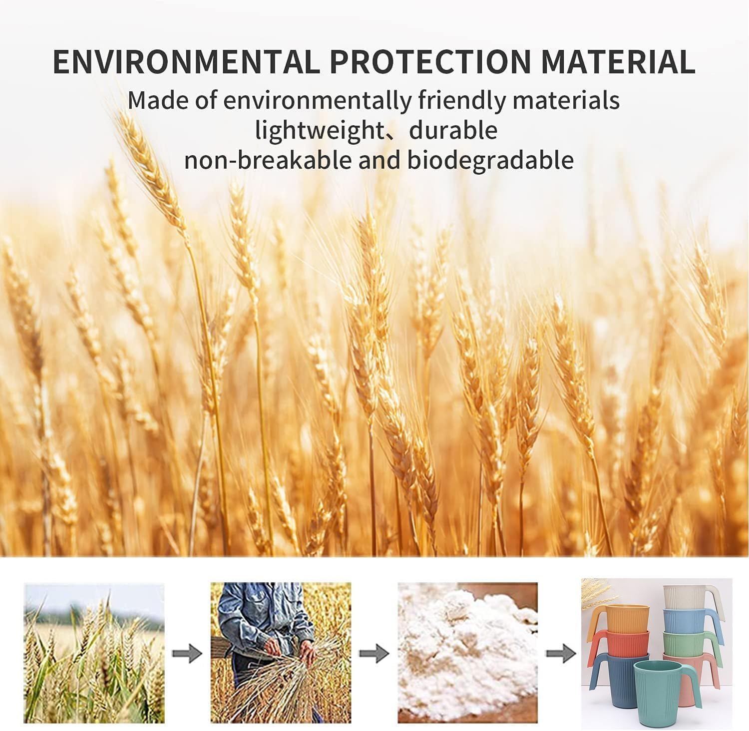 8 Pcs Wheat Straw Cup with Handle Colorful Wheat Straw Mug Stackable Plastic Coffee Cups Set 12 Oz Unbreakable Coffee Mug Reusable Plastic Mug Dishwasher Safe for Coffee Milk Tea image number 3