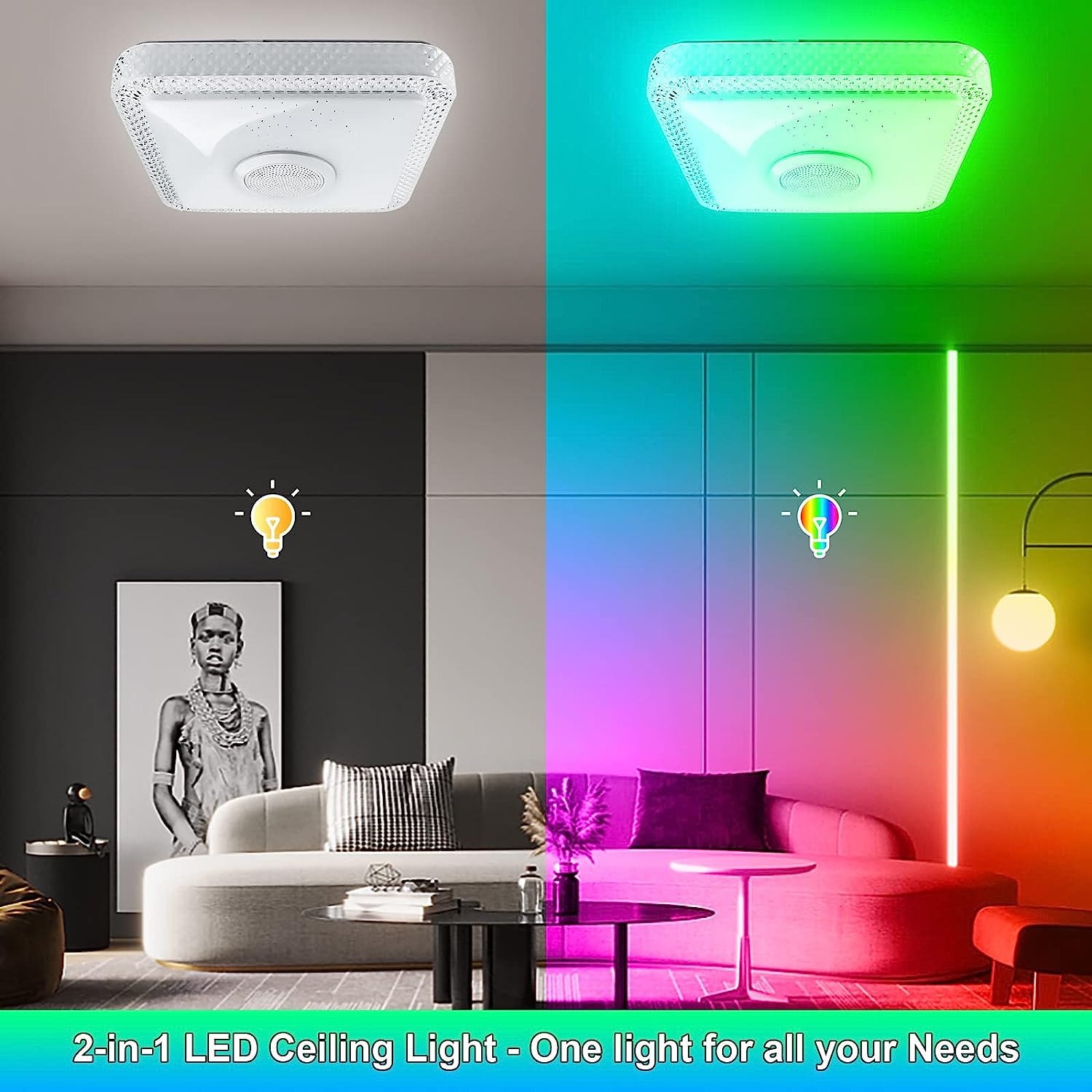 LED RGB Dimmable Ceiling Light Fixtures,30W 4000LM Adjustable Remote Control Luminaire Plafonnier with Bluetooth Speaker,Light Fixtures Ceiling for Party Bathroom Bedroom Living Room Kitchen image number 3