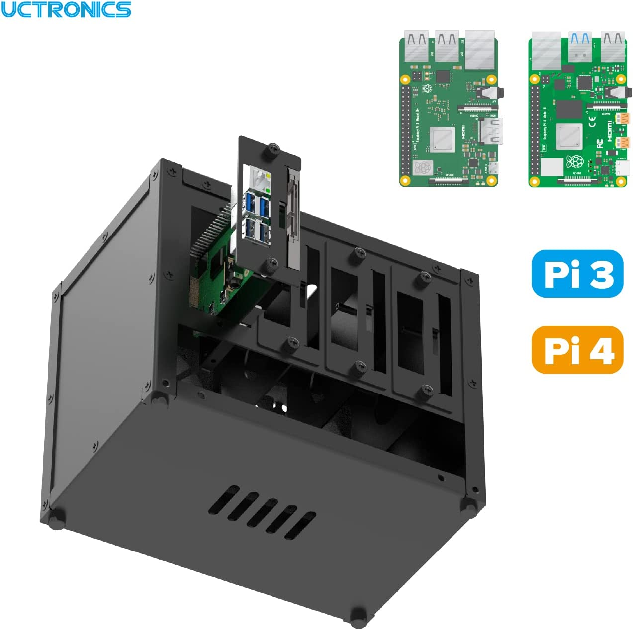 UCTRONICS Upgraded Complete Enclosure for Raspberry Pi Cluster, with 4 Removable Mounting Brackets for Pi 4B, 3B+/3B, and Other B Model and 2 Cooling Fans,Support 4 2.5" SSD and Switch image number 5