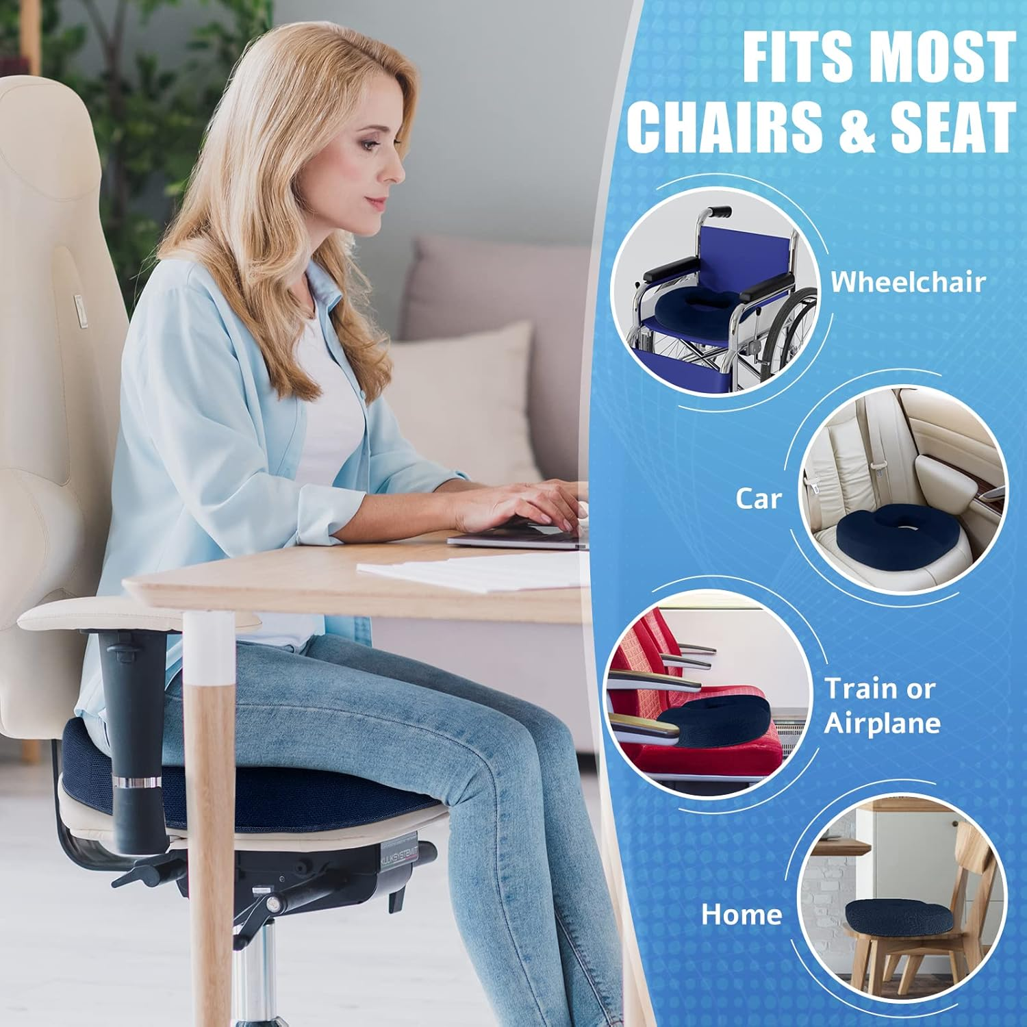 Blisstrends Donut Pillow Seat Cushion,Donut Chair Cushions for Postpartum Pregnancy & Hemorrhoids,Tailbone Pain Relief Cushion,Memory Foam Lifting Cushions for Office&Home Chairs (Blue) image number 2