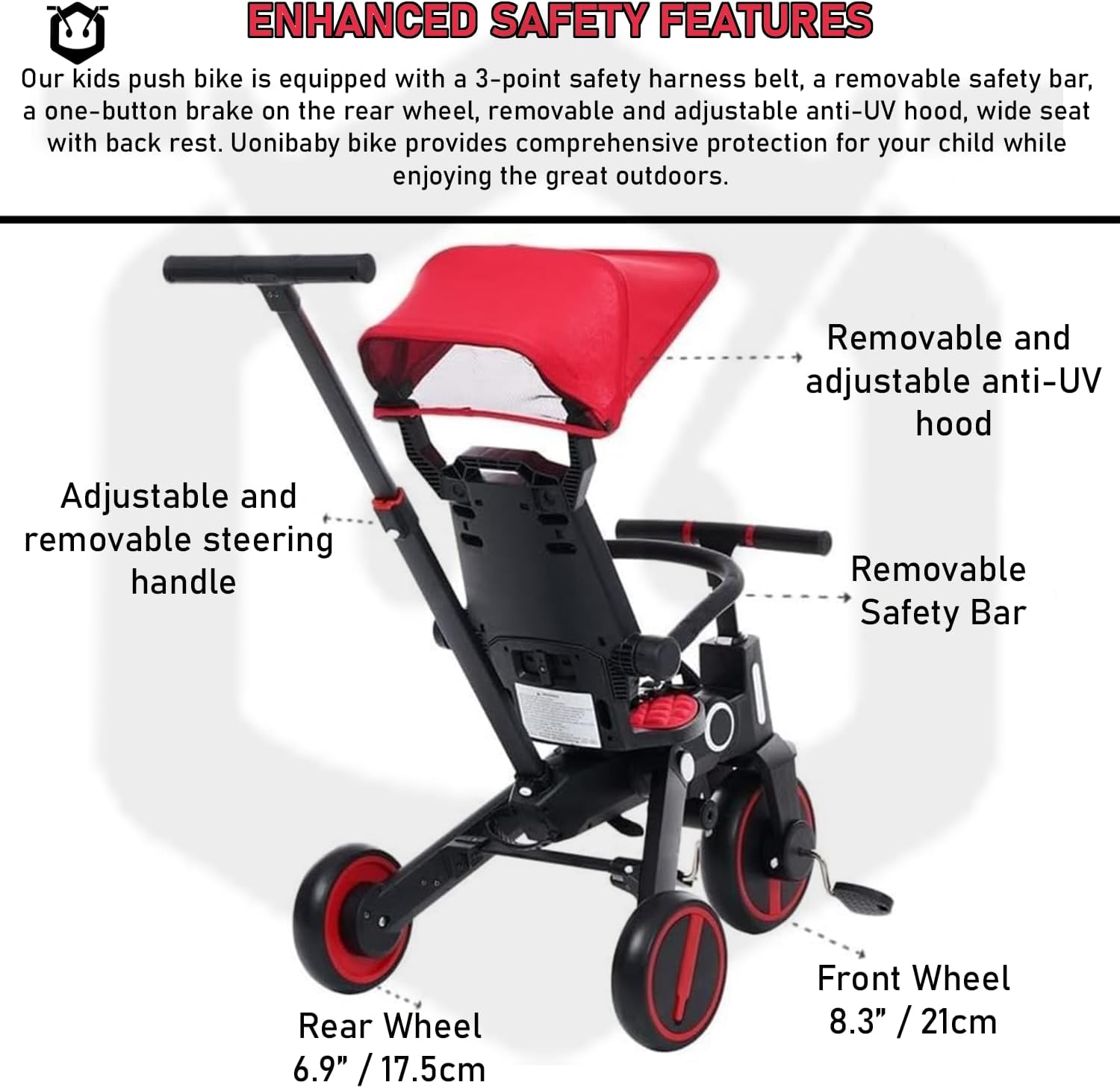 7 in 1 Kids Tricycle with Parent Steering Push Handle. Kids Bike, Balance Bike. Lightweight and Portable Push Bike with Removable Pedals. Toddler Trike with Canopy, Guardrail & Safety Harness (Red) image number 1