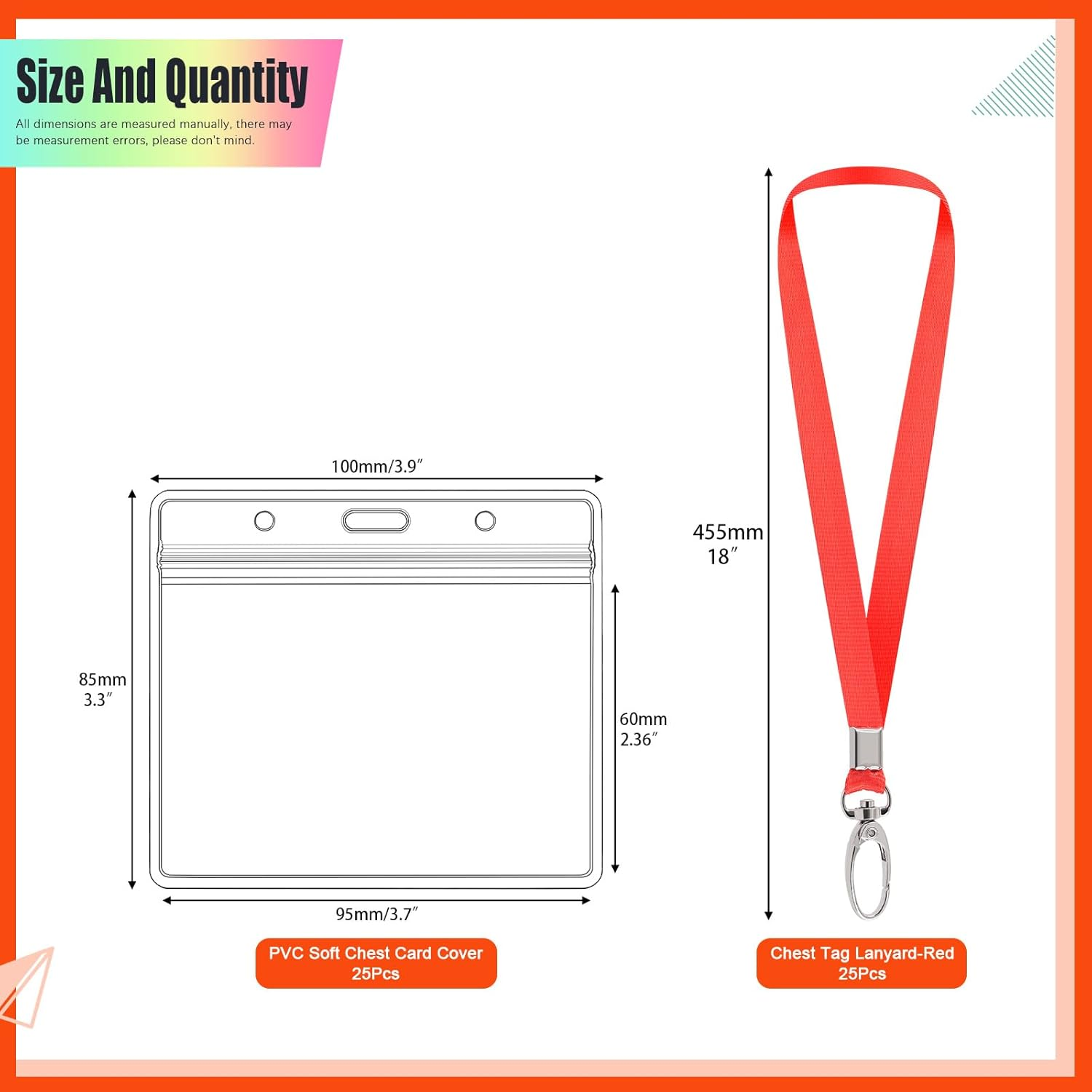 Tanstic 25Pcs Horizontal Badge Holders and Lanyards Kit, 3.3 X 3.9 Inch Clear Plastic ID Card Holders, Waterproof Name Tag Holder and Flat Neck Lanyard with Clip for Office, School (Red) image number 6