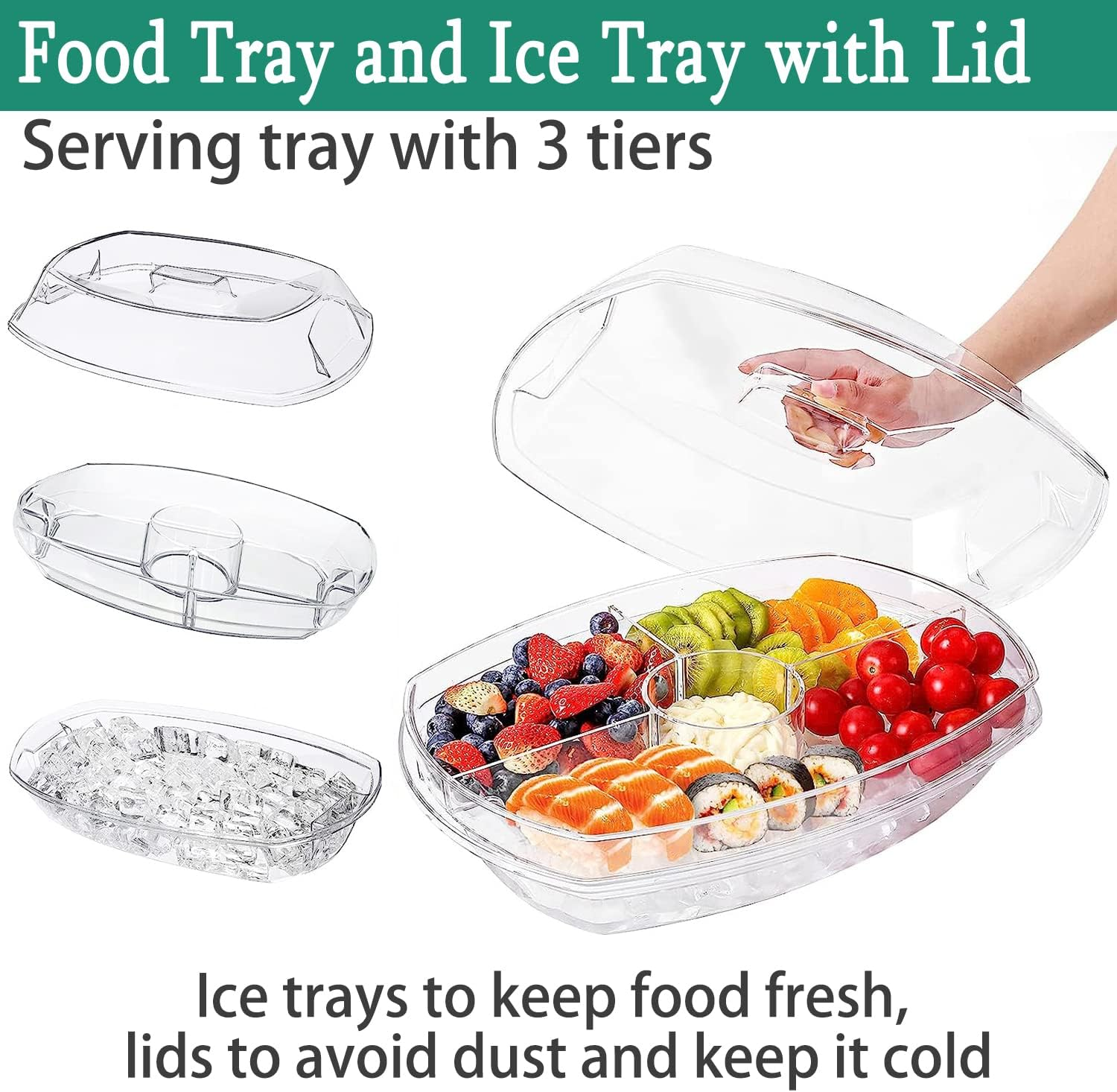Divided Serving Tray with Lid, Large Serving Platter on Ice Serving Trays for Party with 3 Compartments and Dipping Bowl, Veggie, Fruit, Cheese, Salad, Sushi, Appetizer Trays for Serving Food