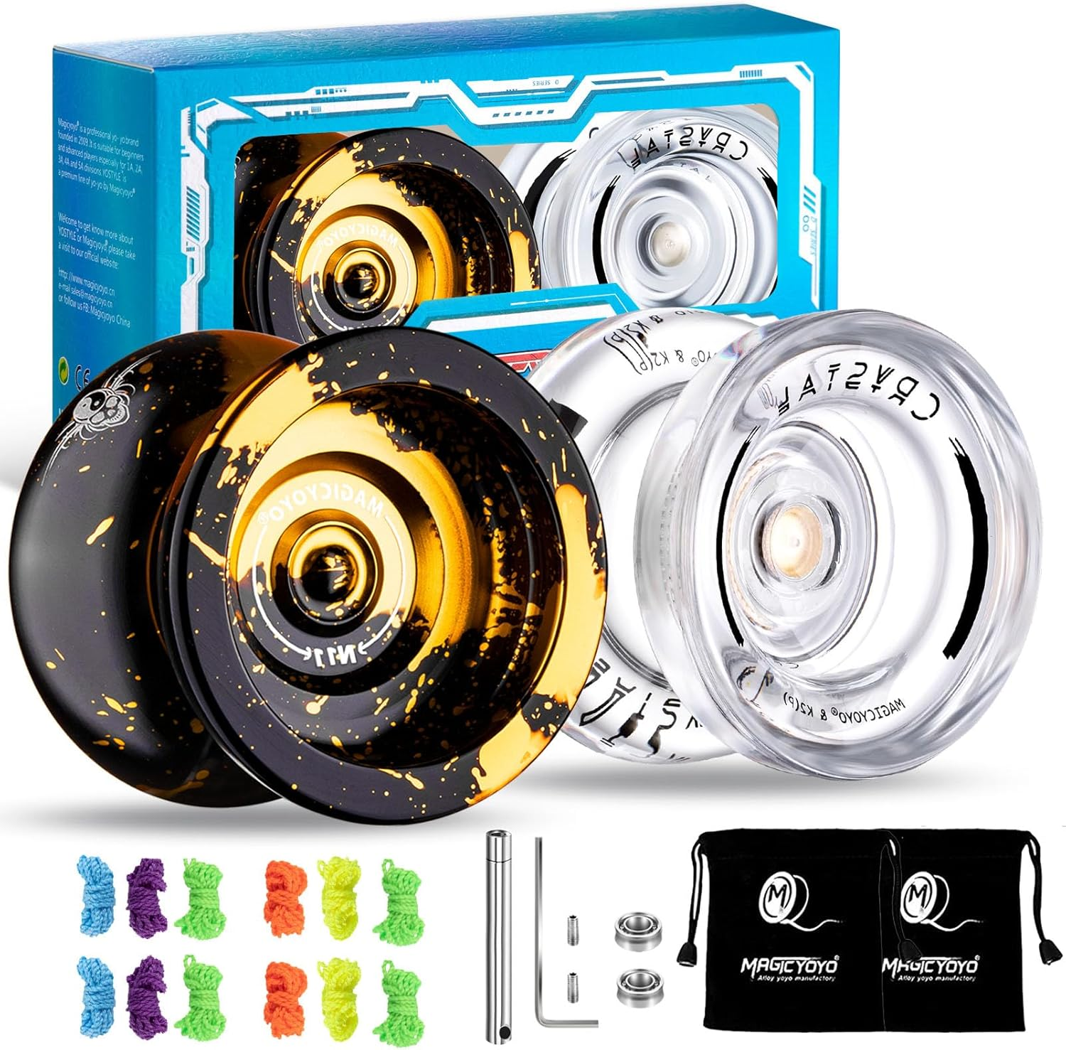 Yoyo Professional 2 Pack of Metal Yoyo N11, Plastic Yoyo K2 Crystal White, Dual Purpose Yoyos-Unresponsive&Responsive Yo Yo for Kids/Advanced Player+12 Yoyo Strings+2 Bags+2 KK Bearings+Removal Tool