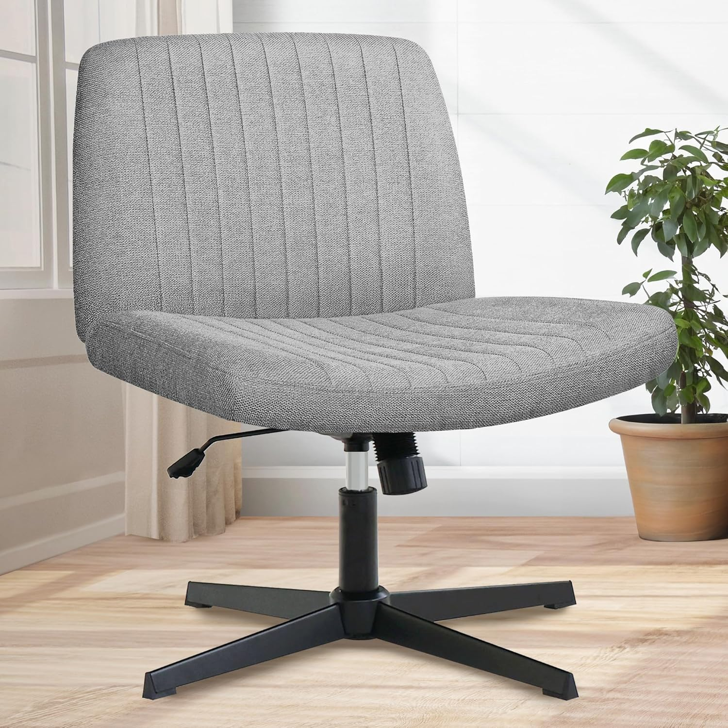 Orange Factory Criss Cross Chair No Wheel Wide Cross Legged Office Desk Vanity Chair Comfy Fabric Armless Adjustable Swivel for Home Computer Task (Gray)