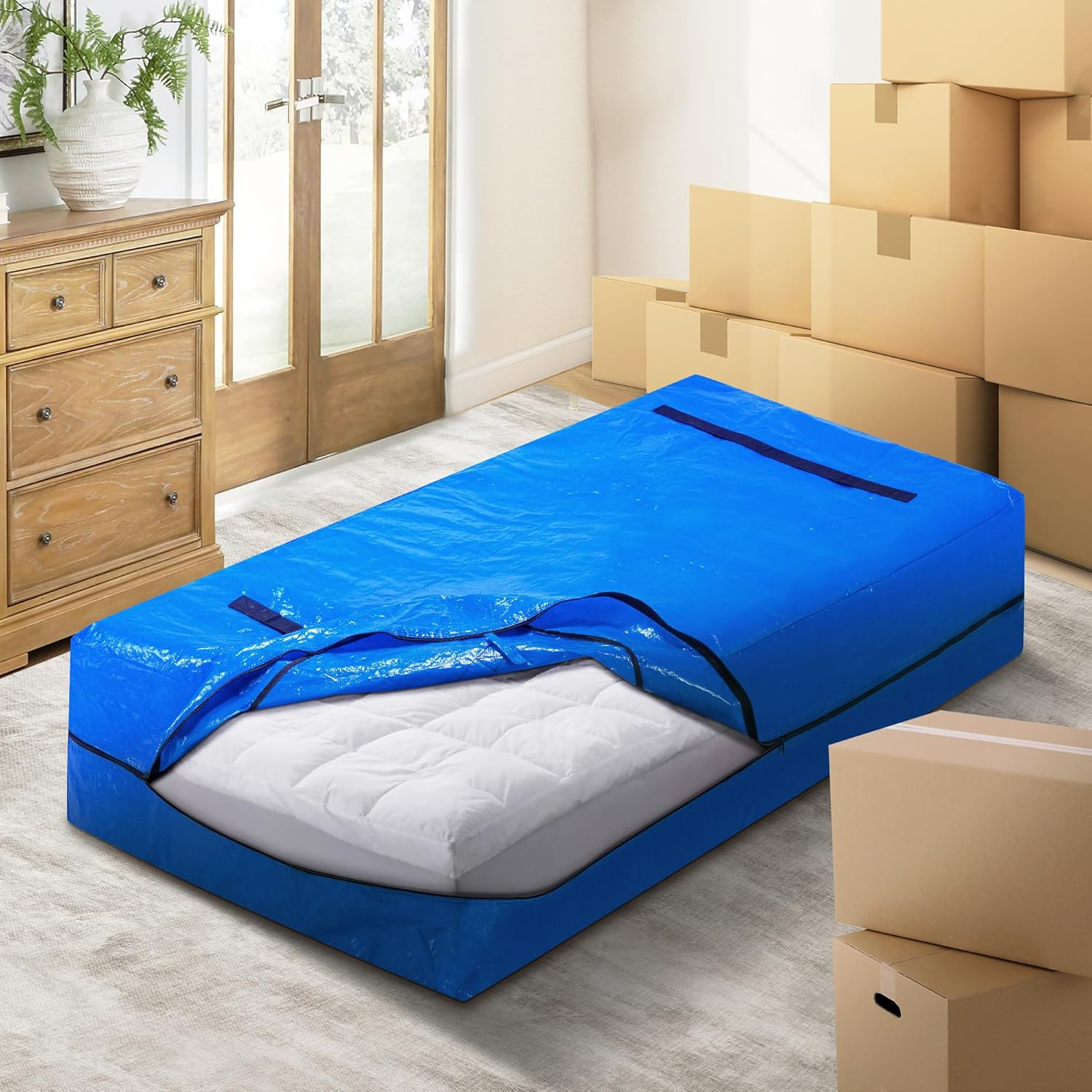 Mobi Mattress Bag for Moving & Storage, King Single Mattress Protector with 8 Handles & Wide-Opening Zippers, Reusable Mattress Cover & Moving Bag, Blue, 207X110X38Cm image number 3