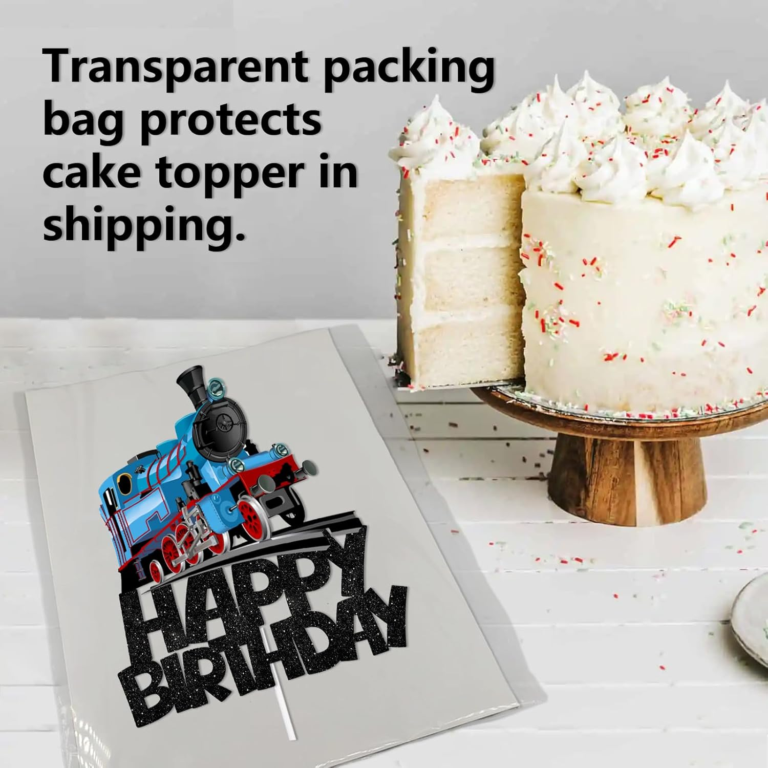 Black Glitter Happy Birthday Cake Topper Cheer to Transportation Train Railroad Crossing Theme Decor Supplies Baby Shower Children Boys Girls Happy Birthday Party Decorations image number 3