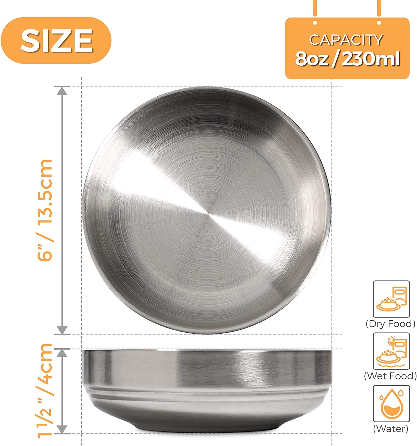 Comsaf Food Grade 304 Stainless Steel Cat Bowls, Shallow and Wide Metal Cat Food and Water Feeder Set, Durable Double Layer Pet Feeding Dishes for Kitten, Puppy, Whisker Stress Free, Dishwasher Safe image number 6