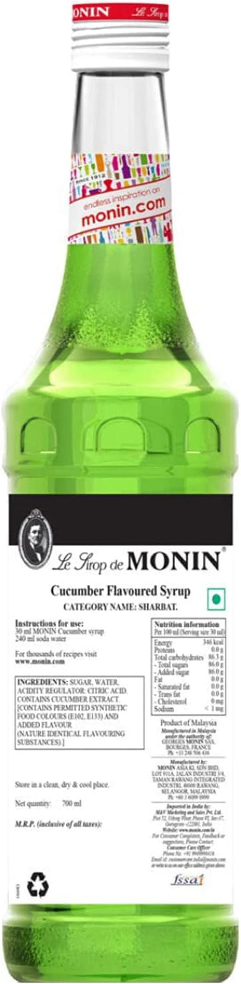 Monin Cucumber Syrup, Crisp and Cool, Bring Garden Freshness to Cocktails, Teas and Sodas, Vegan, Non-Gmo, 700 Ml image number 2