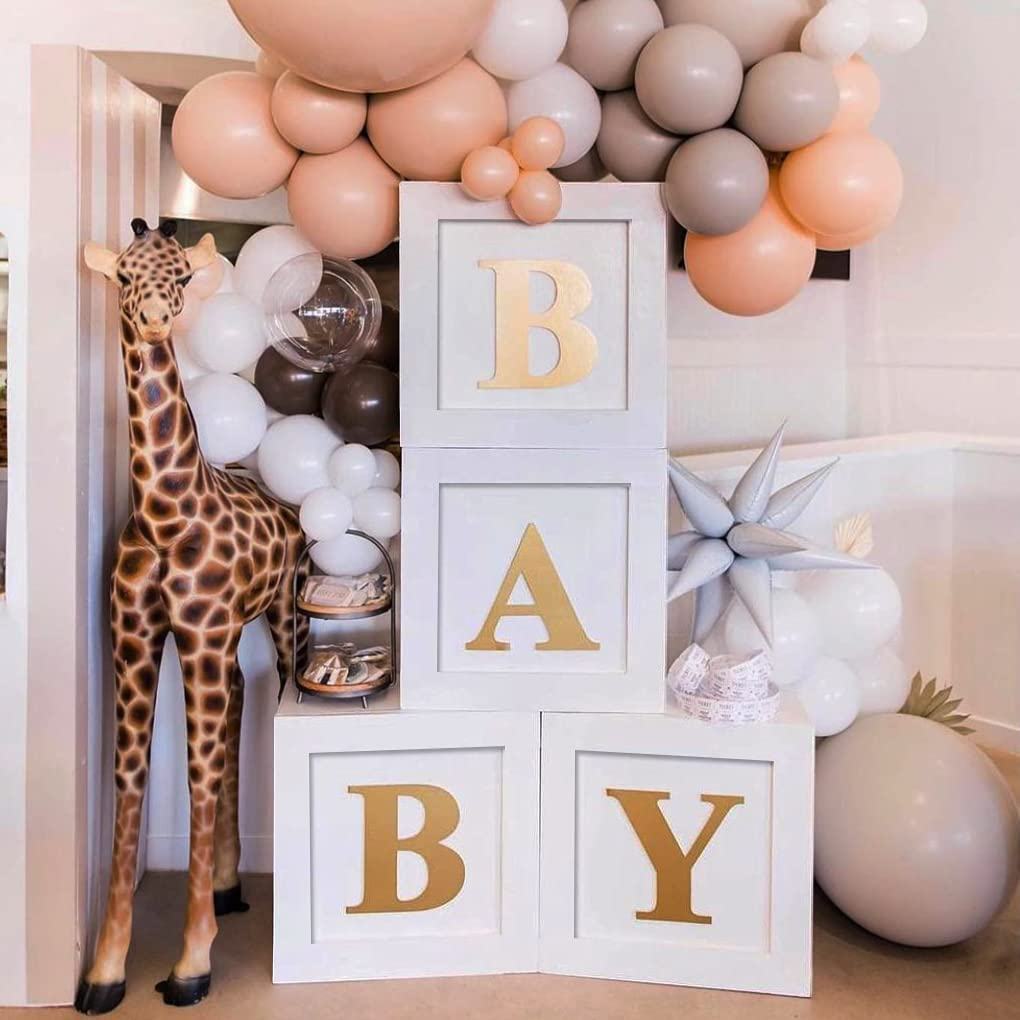 Baby Shower Boxes for Birthday Party Decorations - 4 Wood Grain Brown Blocks with BABY Letter, Printed Letters,First Birthday Centerpiece Decor, Teddy Bear Baby Shower Supplies, Gender Reveal Backdrop