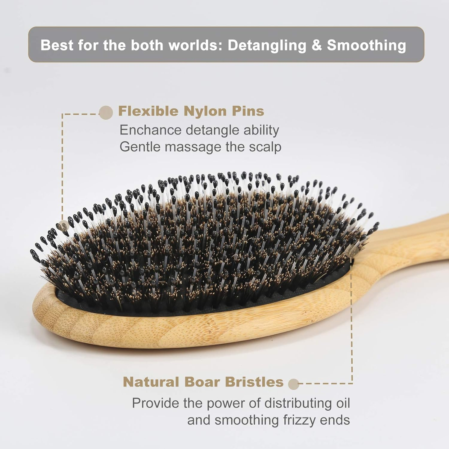 BESTOOL Pack of 2 Hair Brushes (Normal & Small), Boar Bristle Brush Home and Travel Hair Brushes, Bamboo Styling Brush for All Wet or Dry Hair image number 5