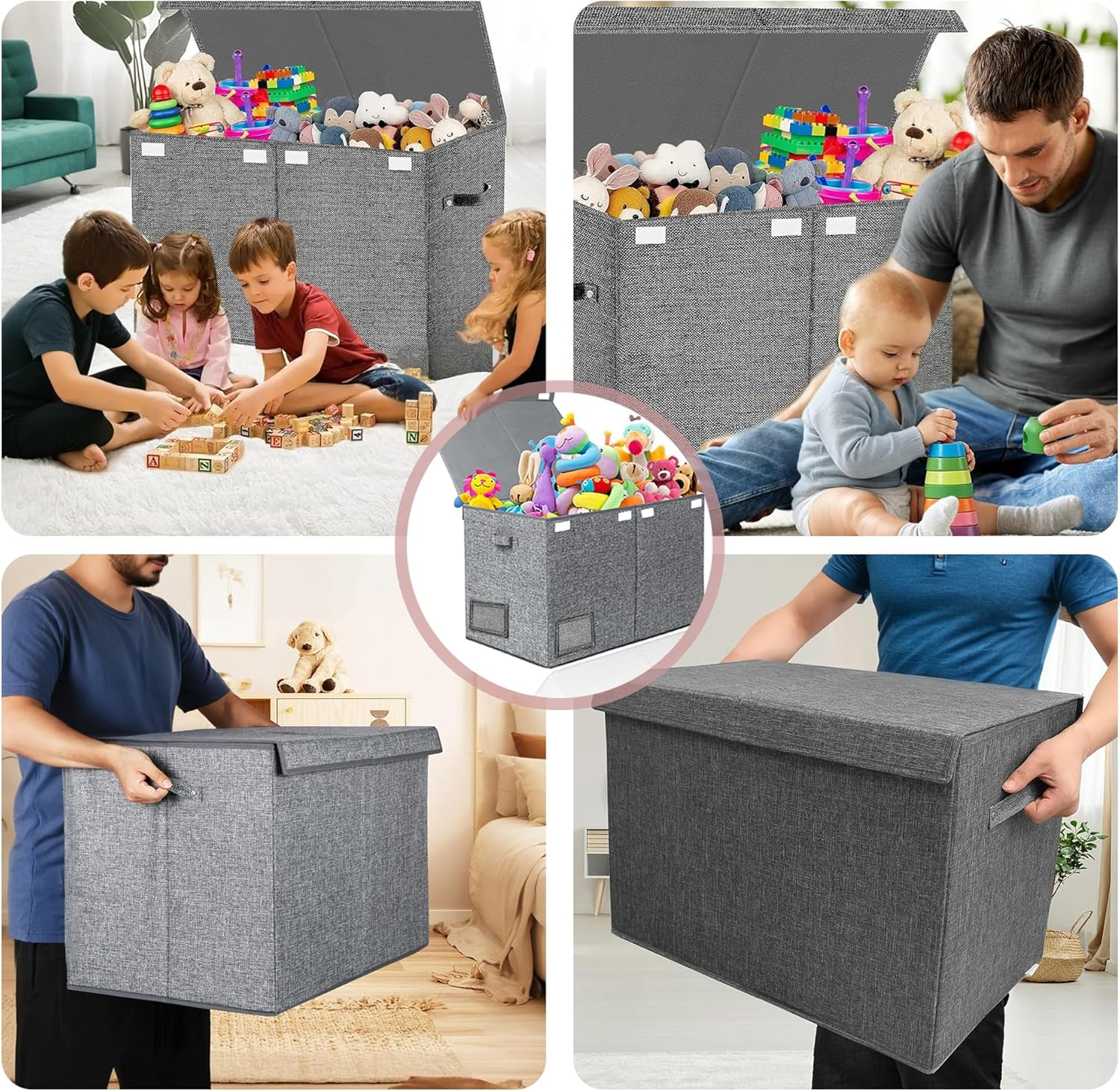 Foldable Storage Bag - Linen Grey Organizer Trash Bag, Washable, 25"X16"X13" - Includes Mesh Drawstring Bag image number 4