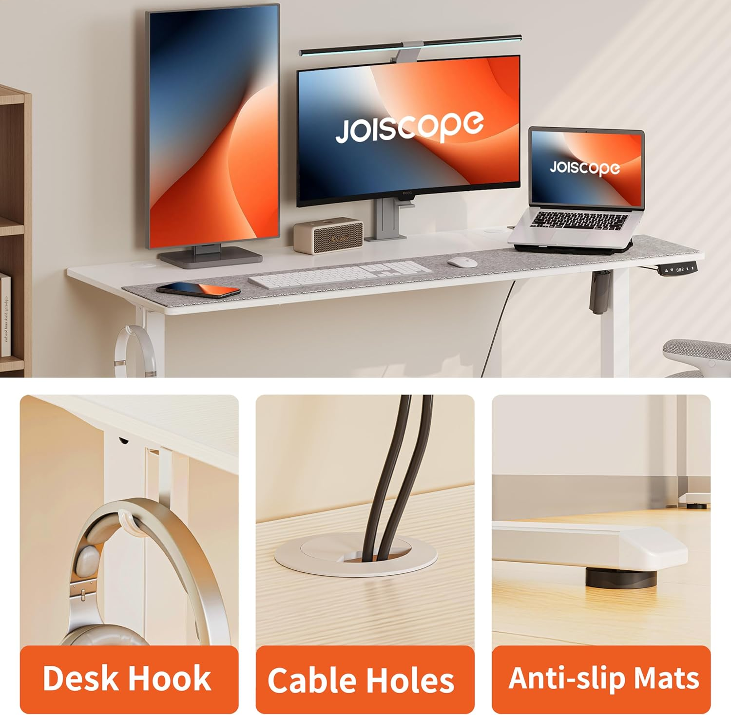 JOISCOPE Height Adjustable Electric Standing Desk with Power Outlet, 55-Inch Computer Desk for Home and Office, White image number 3