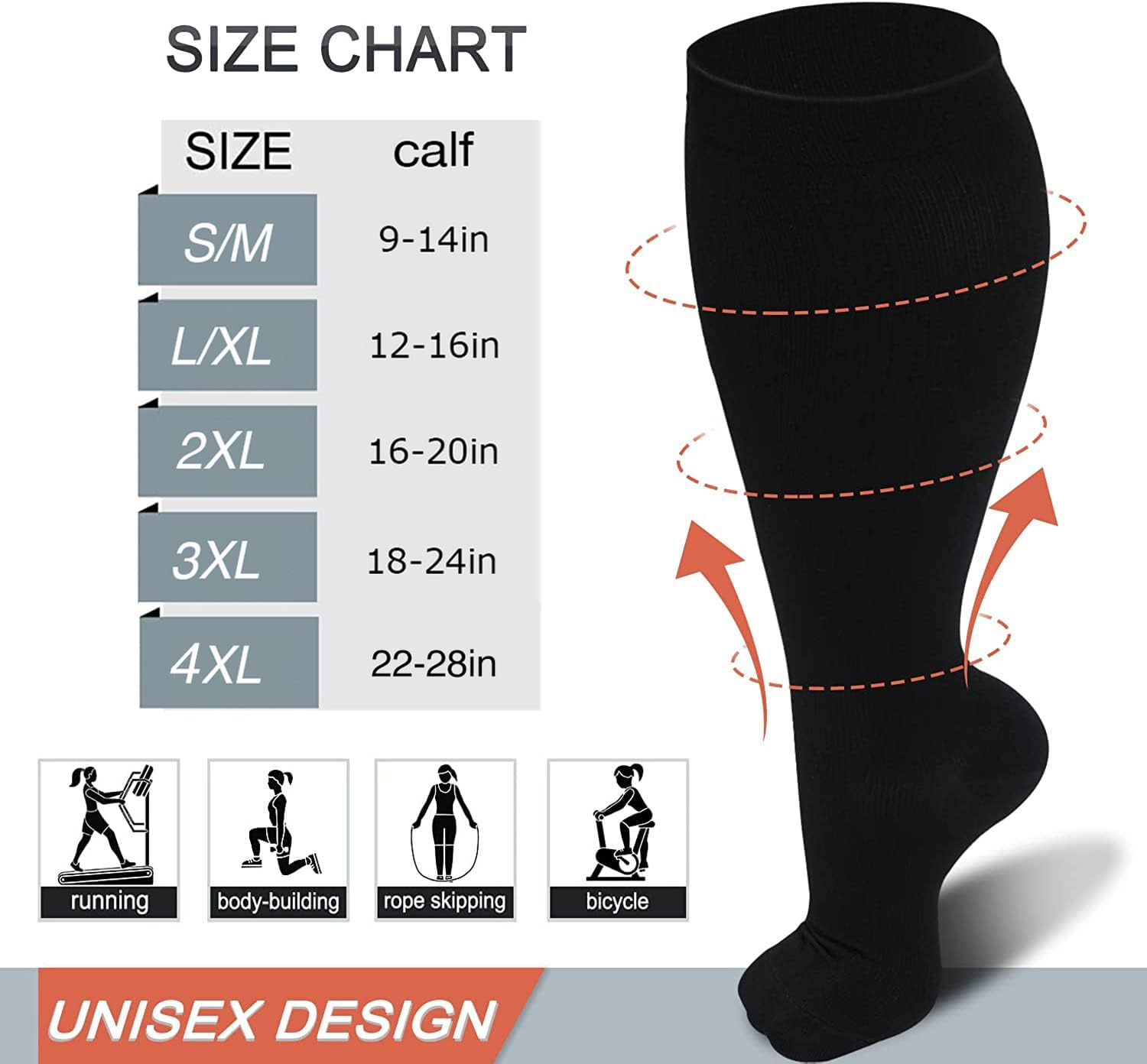 4XL Wide Calf plus Size Compression Socks 15-20 Mmhg for Fatigue, Pain, Leg Swelling, Comfy Compression, Stretch to 28 Inches / 70Cm (Black, XXXXL) image number 4