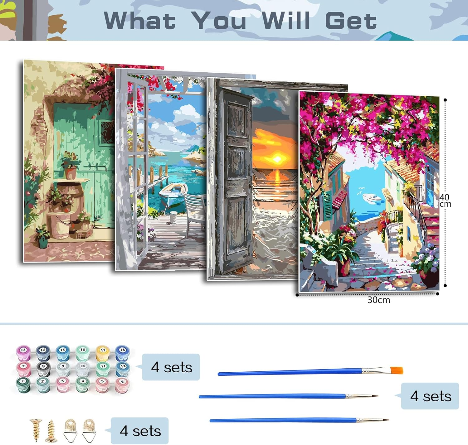 Paint by Numbers Adults, Pack of 4, Paint by Numbers Landscape with Brushes, Acrylic Pigment for Children and Beginners (30 X 40 Cm) image number 3