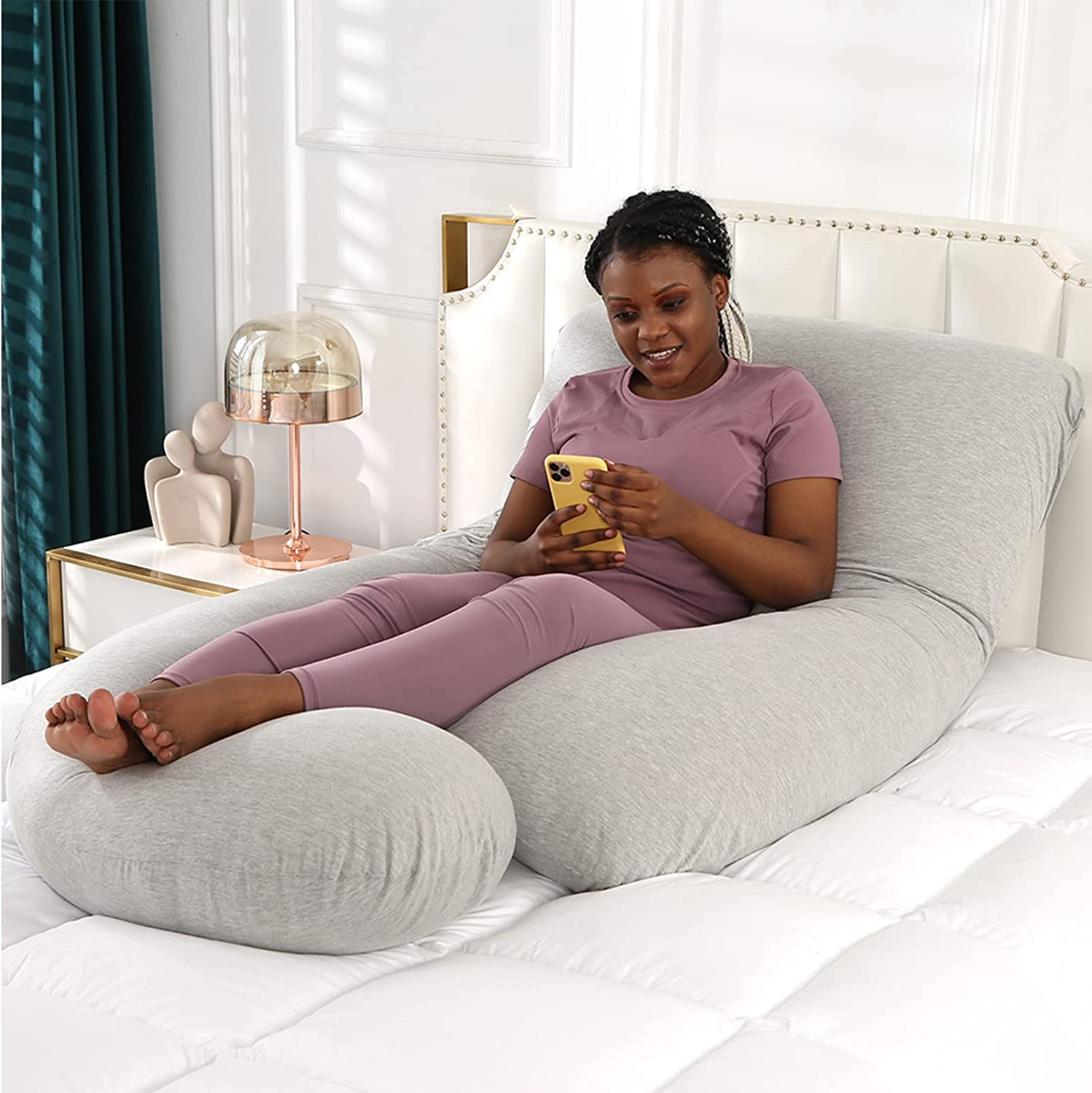 Pregnancy Pillow, J Shaped Body Pillow with Removable Cover, Full Body Pregnancy Pillow Support for Back, HIPS, Legs, Belly for Nursing, Maternity and Pregnancy (140X70X18Cm, Grey) image number 2