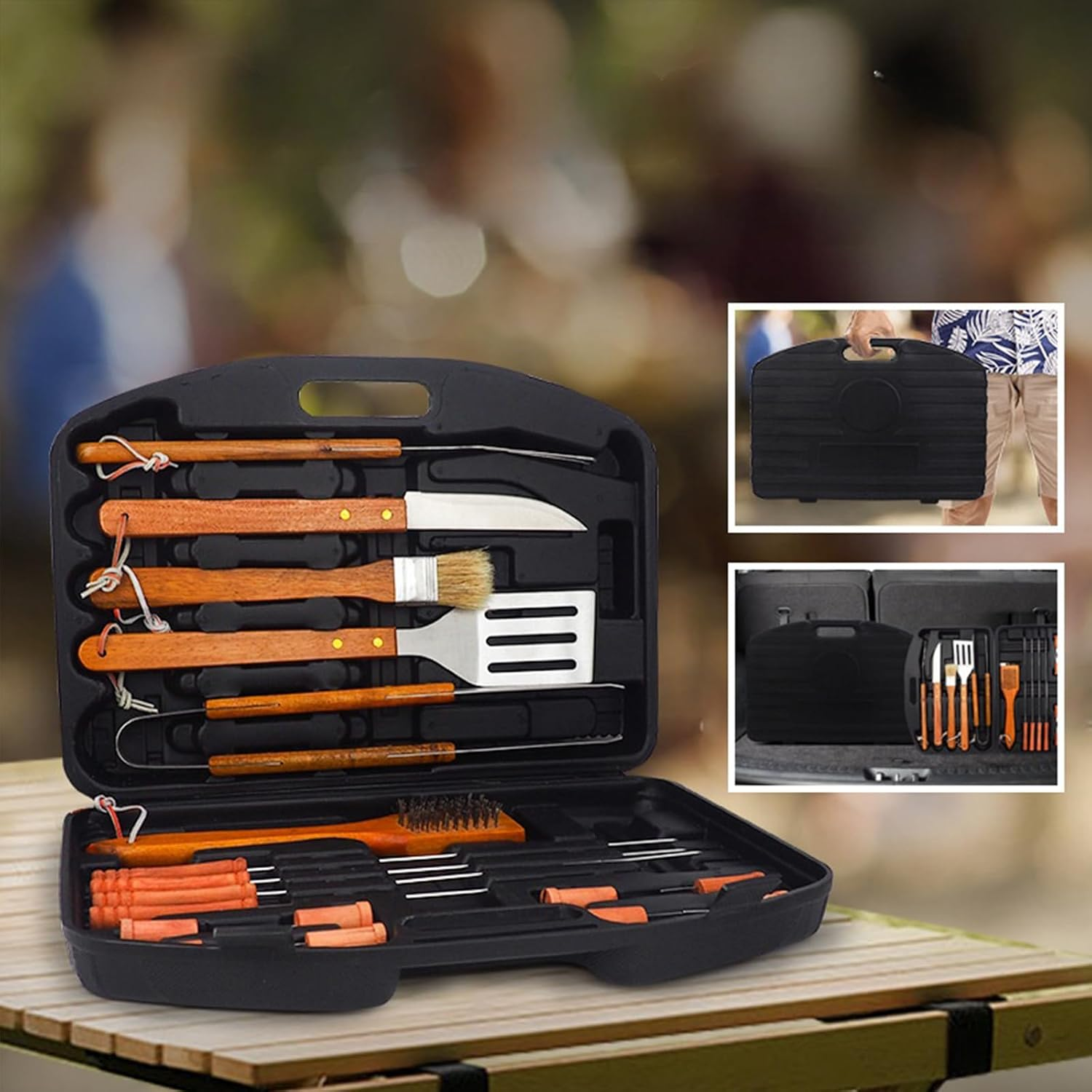 19 Piece Wooden Grill Tool Set, BBQ Accessories & Grill Tools, Durable Stainless-Steel Utensils with Recycled Plastic Case, Spatula, Tongs, Cleaning Brush & More, Grilling Gifts for Men image number 4
