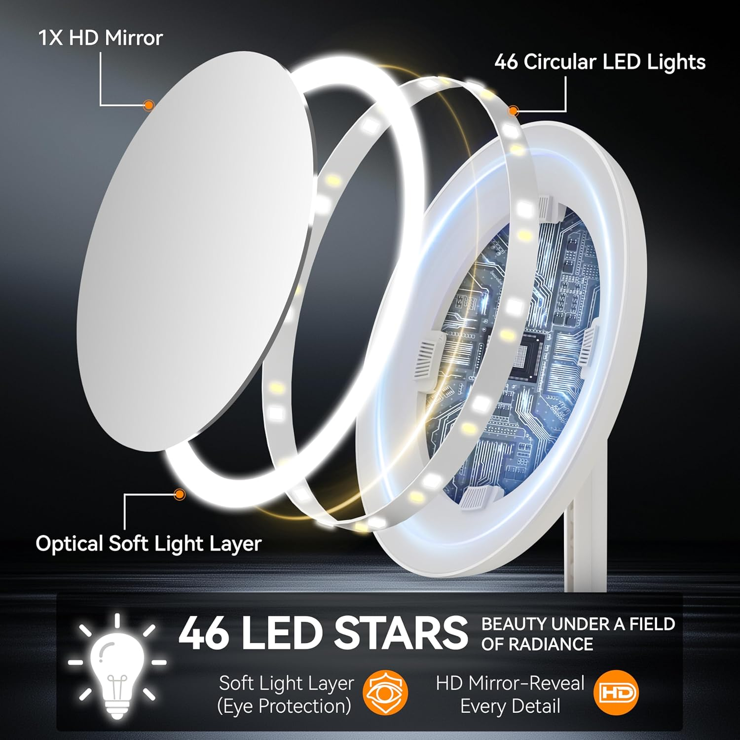 Auxmir Cosmetic Mirror with Lighting, 3 Light Colours, USB Rechargeable 46 LED Make-Up Mirror, Standing Mirror, Continuous for Dimmable Brightness, Premium 1 X HD Mirror with Small 10 X for Home, Hotel image number 2