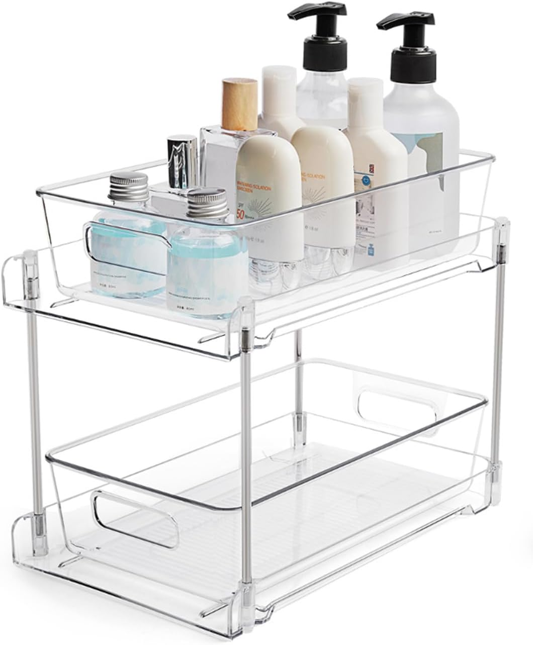 2 Pack Bathroom Organizer, 1Pcs 2 Tier Clear under Sink Vanity Counter Container, Pull Out Storage Organizer, Cabinet Drawers Bins with Track, for Pantry, Bathroom, Kitchen Storage and Organisation image number 3