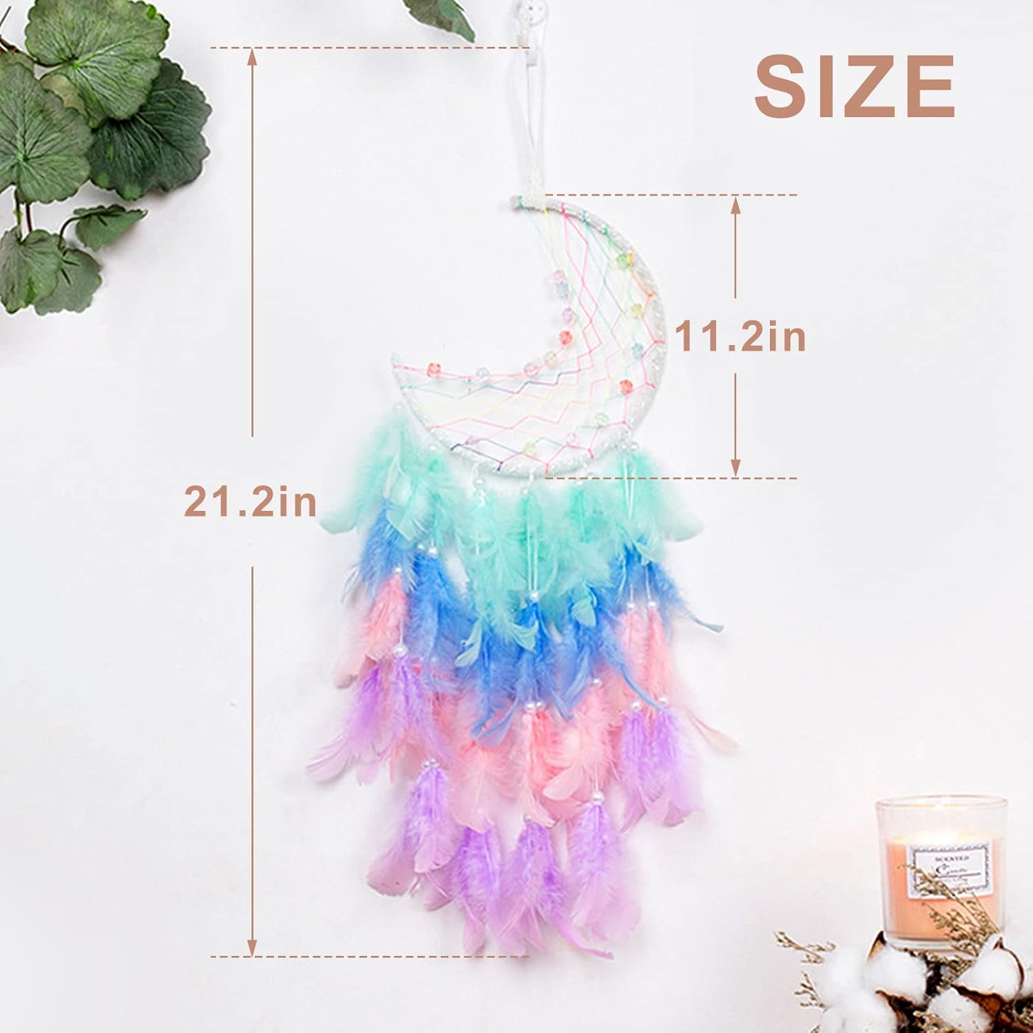 Funincrea Dream Catcher Half Moon Dream Catcher with Feathers Handmade Indian Style Wall Hanging for Living Room Bedroom Dorm (Green) - Black image number 5