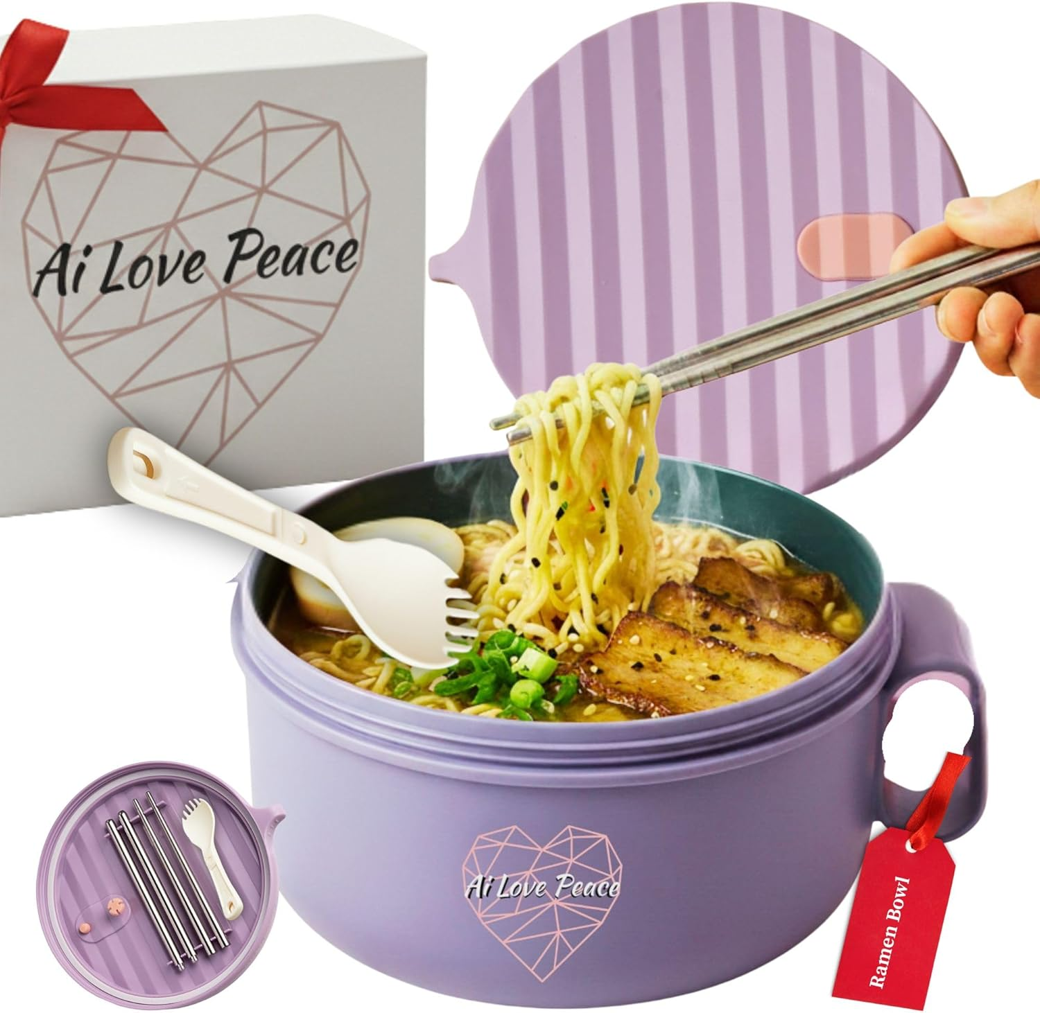 Ai Love Peace Ramen Bowl, 40 Oz Microwaveable Noodle Cooker for Ramen, Pho, Soup, and Pasta, Dishwasher Safe and Portable, Ideal for Home, Office, Dorm, or Gift (Purple) image number 5