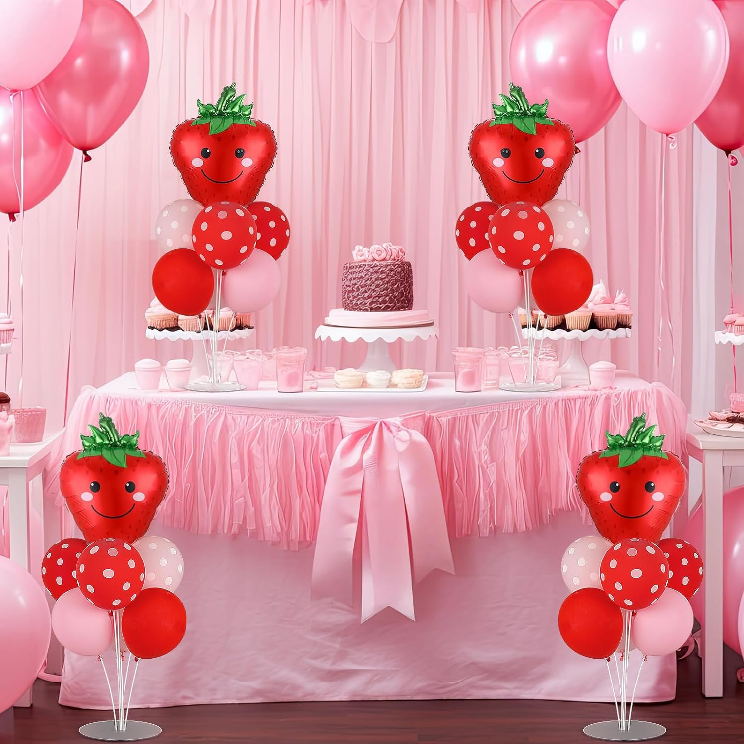 4 Sets Strawberry Party Balloons Stand Kit with Strawberry Foil Balloons Sweet Strawberry 1St Party Balloon Centerpiece for Tables for Girls Strawberry Birthday Baby Shower Decoration image number 1