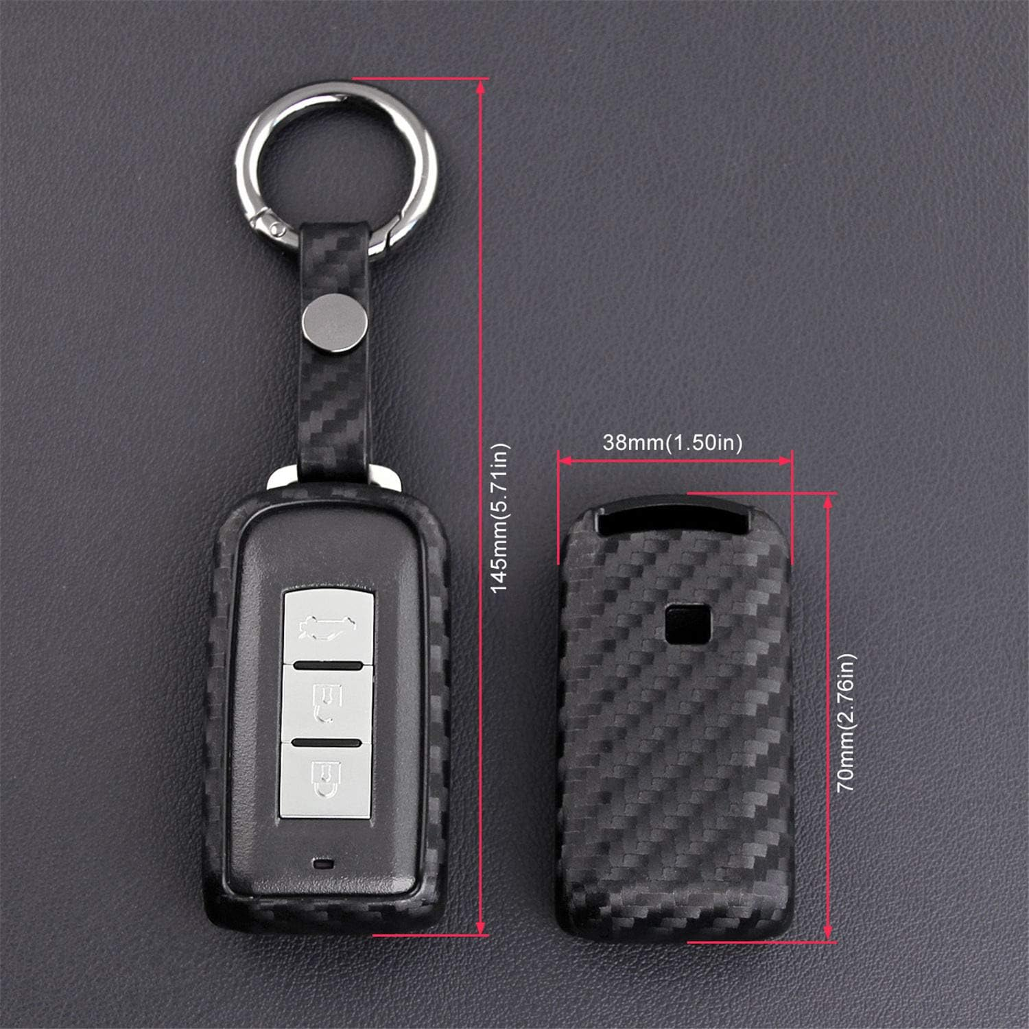 M.Jvisun Soft Silicone Rubber Carbon Fiber Texture Case Key Fob Cover for Mitsubishi ASX Eclipse Cross Fortis Galant Lancer EVO Evolution Mirage Outlander RVR Car Key Shell - Black - round Keychain