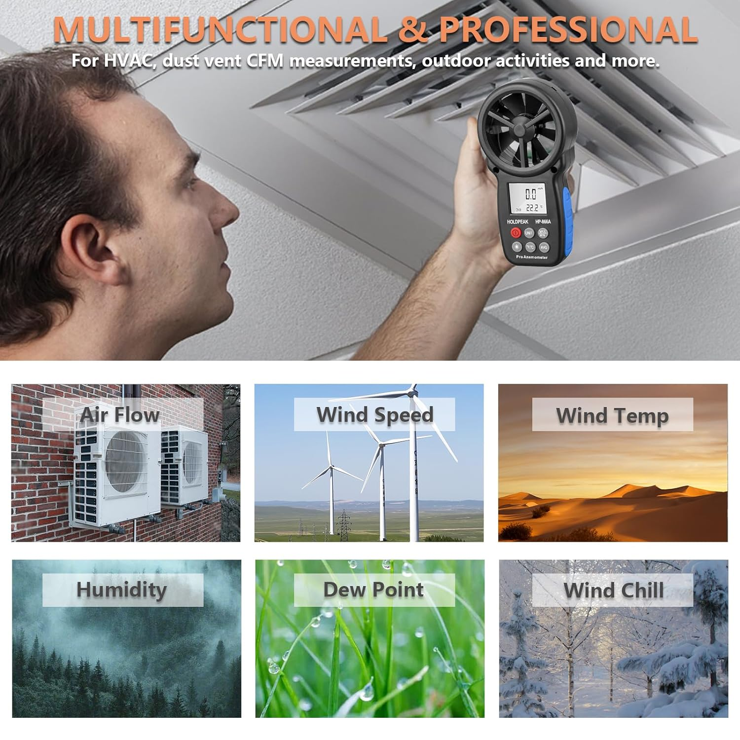 Holdpeak 866A Anemometer HVAC, Pro CFM Air Flow Meter for Wind Speed Temp Humidity Dew Point Airflow Measuring Device, Handheld Wind Gauge Meter with USB image number 1