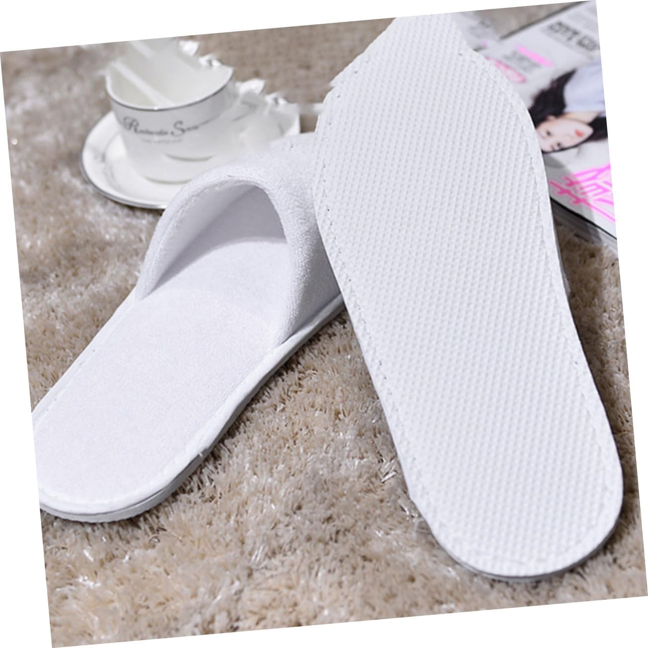 Disposable Half-Cover Spa Slippers 10 Pairs White Terry Cloth Travel Slippers for Adults One-Time Use Hotel Guest Footwear image number 6