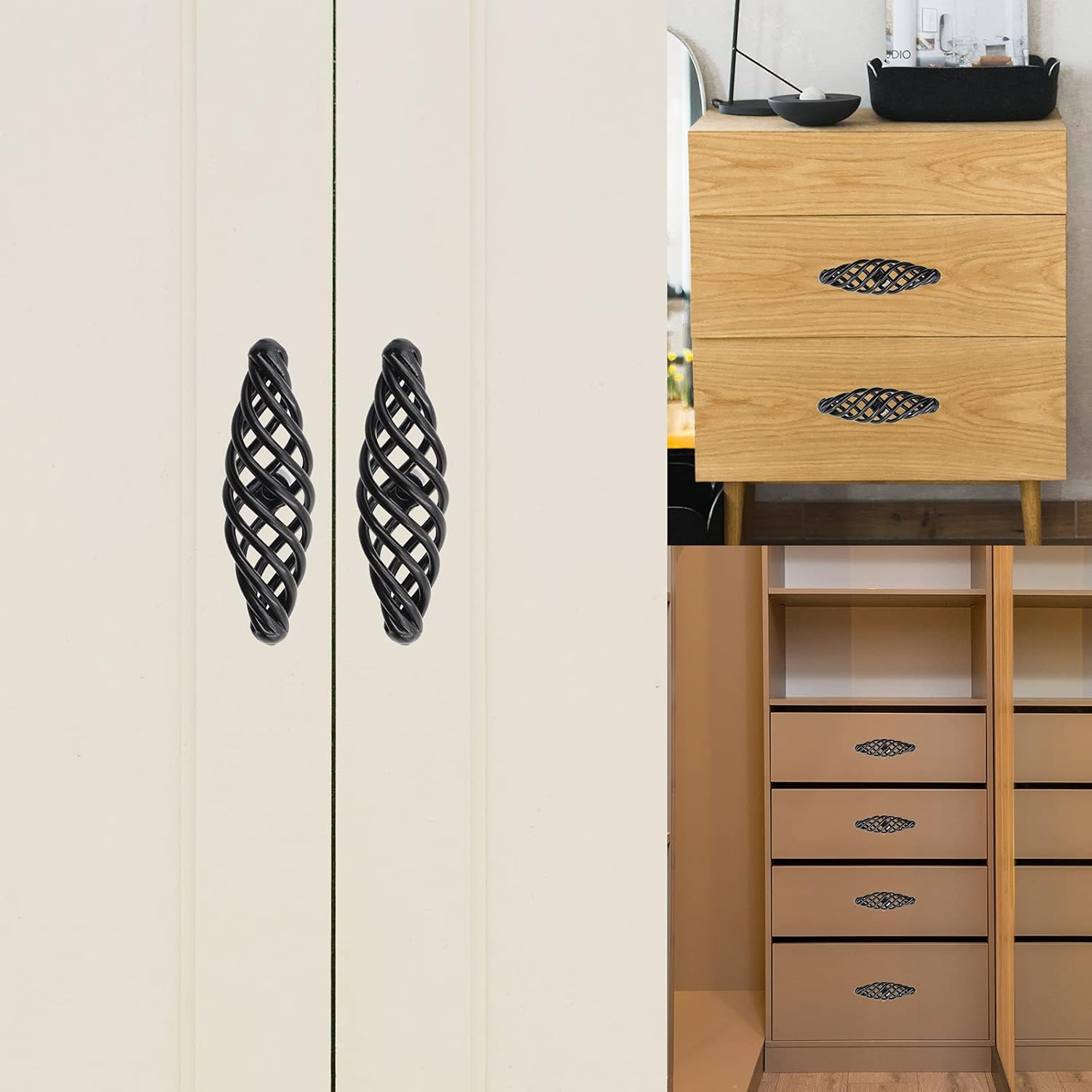 6 Pack Cabinet Knobs, Birdcage Nest Twist Handle Pull Cupboard Dresser Drawer Closet Wardrobe Bookcase Hardware for Kitchen Bathroom Bedroom with Screws (Single Hole 75Mm/2.95", Black) image number 7