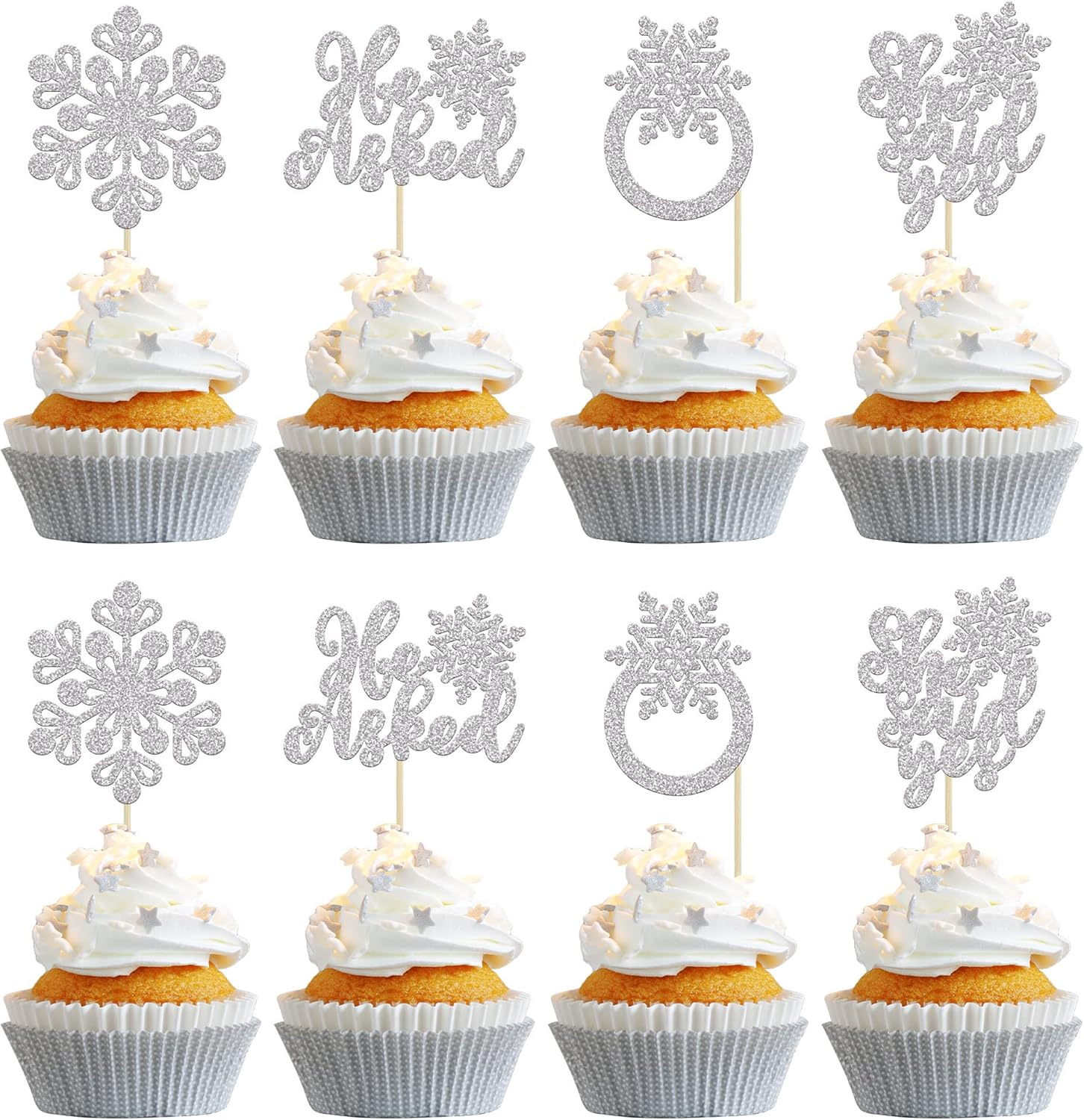Gyufise 24Pcs Silver Snowflake Cupcake Toppers Glitter Winter Snowflake Miss to Mrs Cake Topper Picks for Winter Wedding Anniversary Decorations Bridal Shower Party Supplies