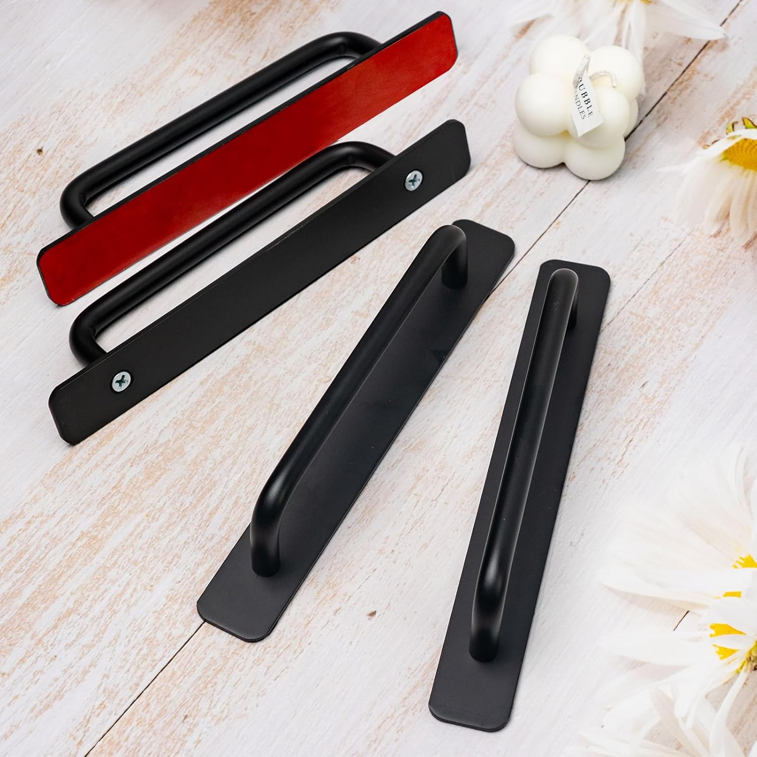 4 PCS Adhesive Cabinet Handles, No Drilling Drawer Pulls, Aluminum Alloy Stick on Door Handles, Window Handles for Kitchen, Cupboard Sliding Closet, Dresser Closet (Black) image number 2