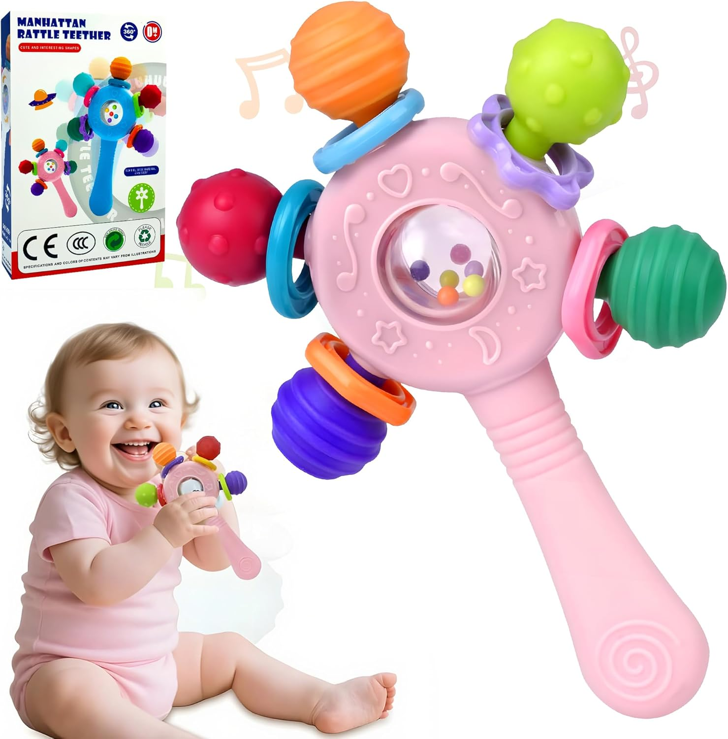 Baby Teether - Soft Silicone Baby Montessori Sensory Teether Toy- Chew Teether Toy for Babies - BPA Free Teething Sensory Rattle- Freezable Infant Soother Toy,Easy to Hold,Portable Rattle for Early Learning Education(Pink) image number 1