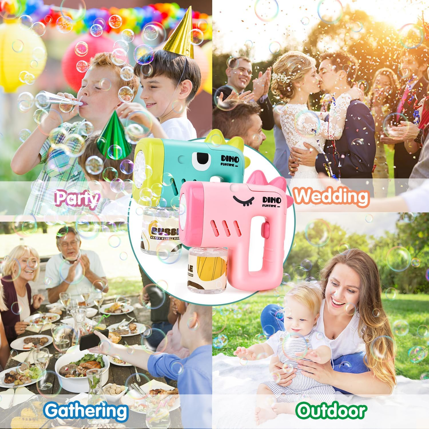 2 Pack Bubble Gun Machine for Kids, Automatic 10 Hole Light up Bubble Blower with 4 Refill Solution, Bubble Guns Blaster for Toddlers, Outdoor Toys Gifts, Wedding, Christmas Party Favor