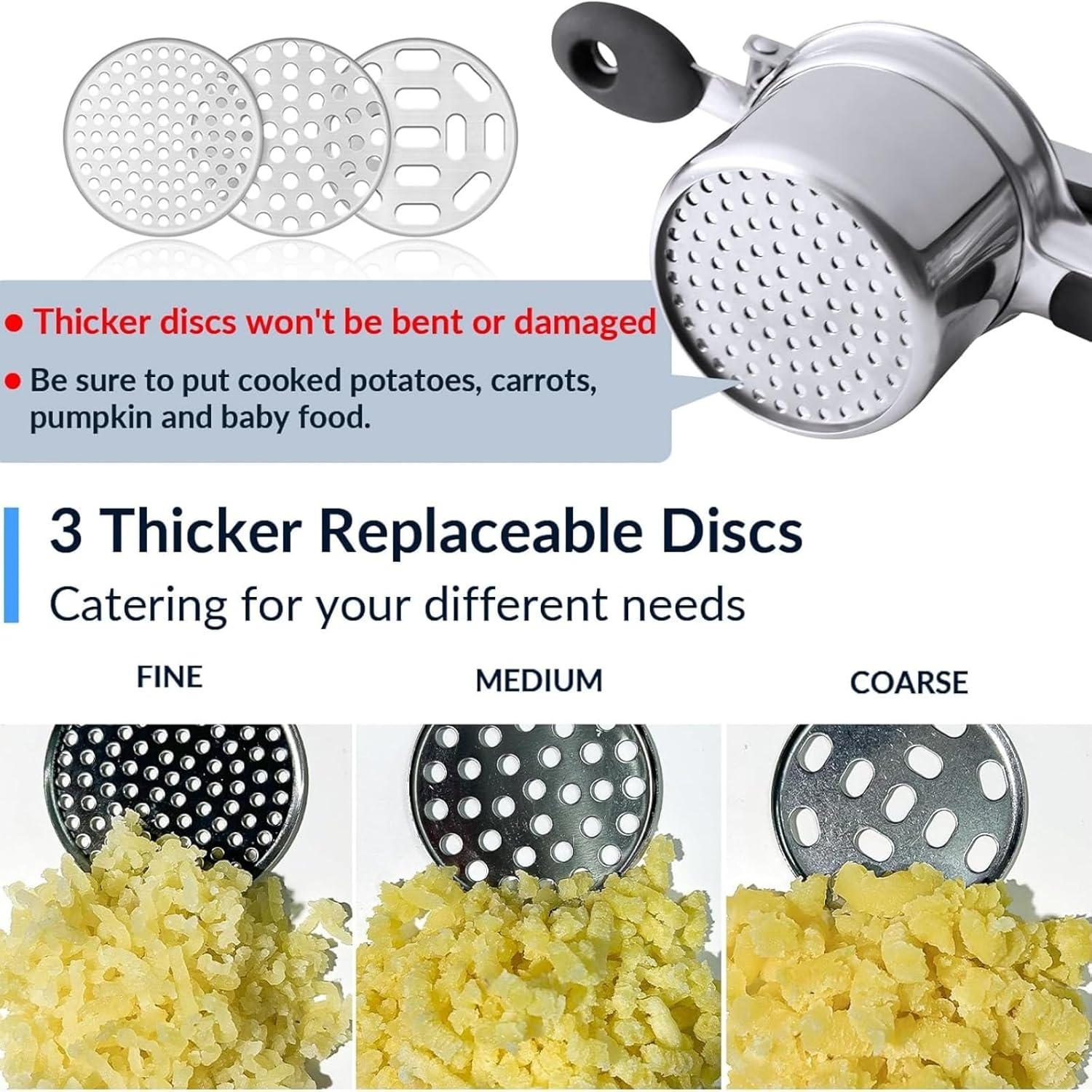 Potato Ricer, Heavy Duty Potato Masher with 3 Interchangeable Discs, Potato Ricer Stainless Steel for Fluffy Mashed Potato, Potato Press, Fruit Juicer, Food Press Squeezer Too 15Oz
