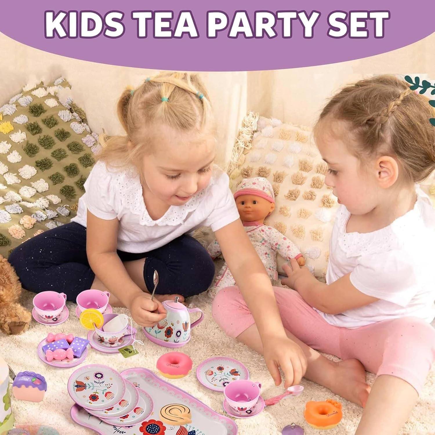 Tea Set for Little Girls, Birthday Gift for Age 3 4 5 6 Year Old, Toddler Toys Tea Party Set for Little Girls, Princess Kids Kitchen Pretend Toy with Tin Tea Set, Desserts & Carrying Case
