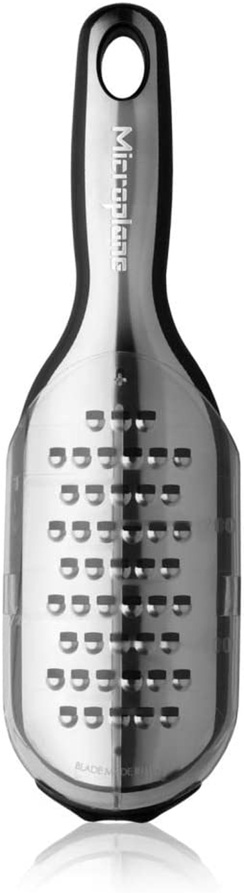 Microplane Elite Series Extra Coarse Grater - 18/8 Stainless Steel Blade, Photo-Etched Blade Technology, Soft-Grip Handle, Non-Slip Base, Dual-Purpose Cover and Measuring Cup - Black