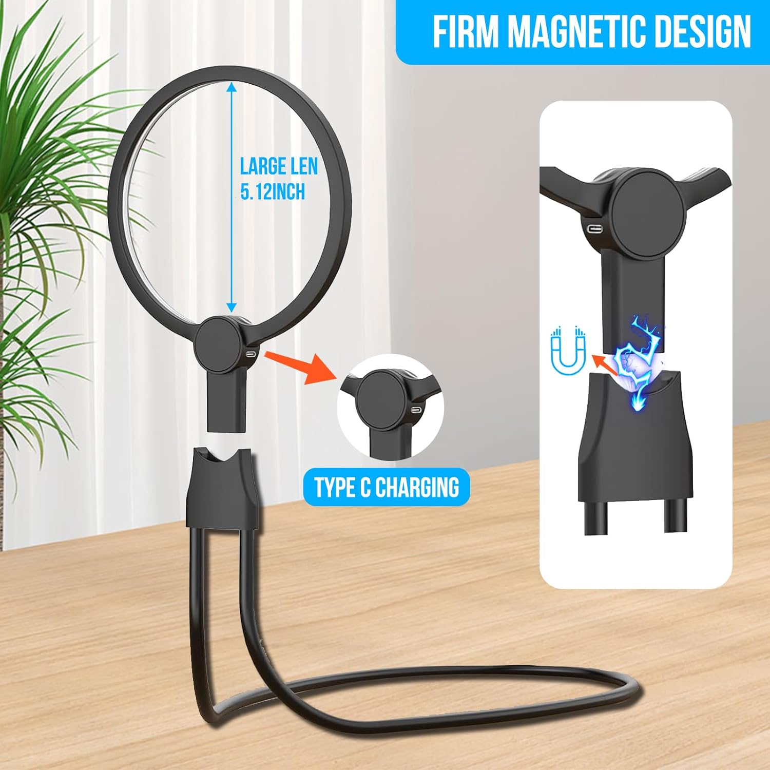 5X Hands-Free Magnifying Glass with 24 Ultra-Bright Leds Light for Reading, Sewing, Crafts, Neck Wear Large Magnifying Glass for Seniors, 3-In-1 Multi-Functional Design Magnifier with Light