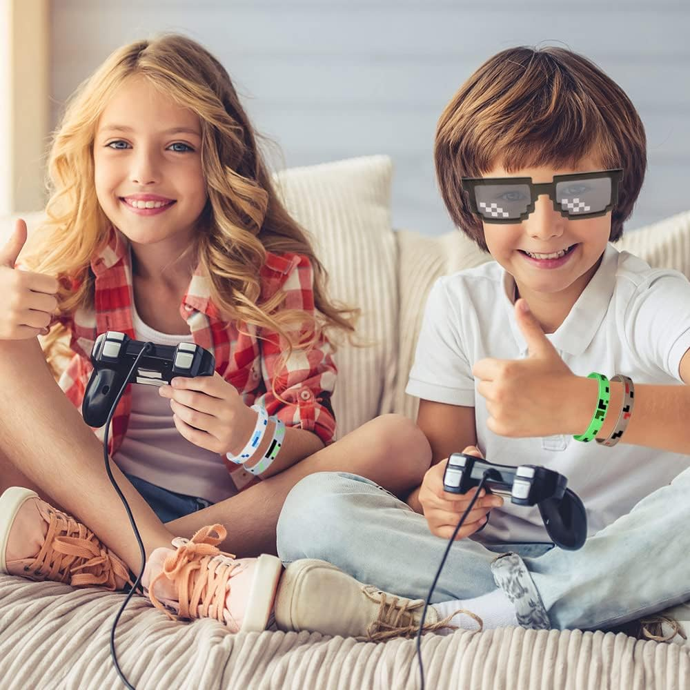 24 Pieces Mining Theme Style Party Supplies Pixel Theme Mosaic Glasses Thug Life Sunglasses and Pixel Theme Silicone Wristbands 6 Colour for Boys and Girls Kid Travel Theme Parties Photography image number 3