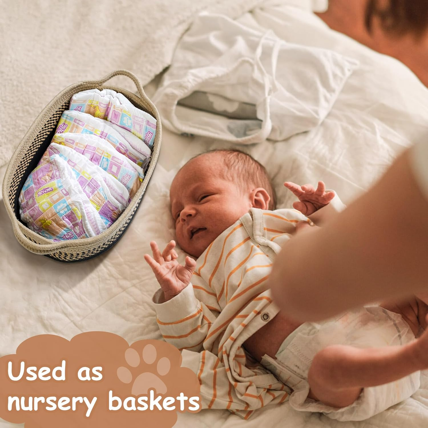 Small Woven Baskets for Organizing Rope Storage Basket with Handle Cute Cotton Nursery Gift Dog Toy Bins Organizer-Light Beige image number 5