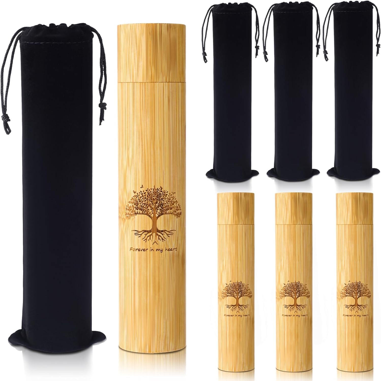 Thyle 2 Set Bamboo Scattering Urns for Ashes 9'' X 2'' Biodegradable Scattering Cremation Tubes for Human Adult Tree Small Tube Keepsake Urn and Black Velvet Bag for Spreading Human Pet Dog Cat Ashes image number 2