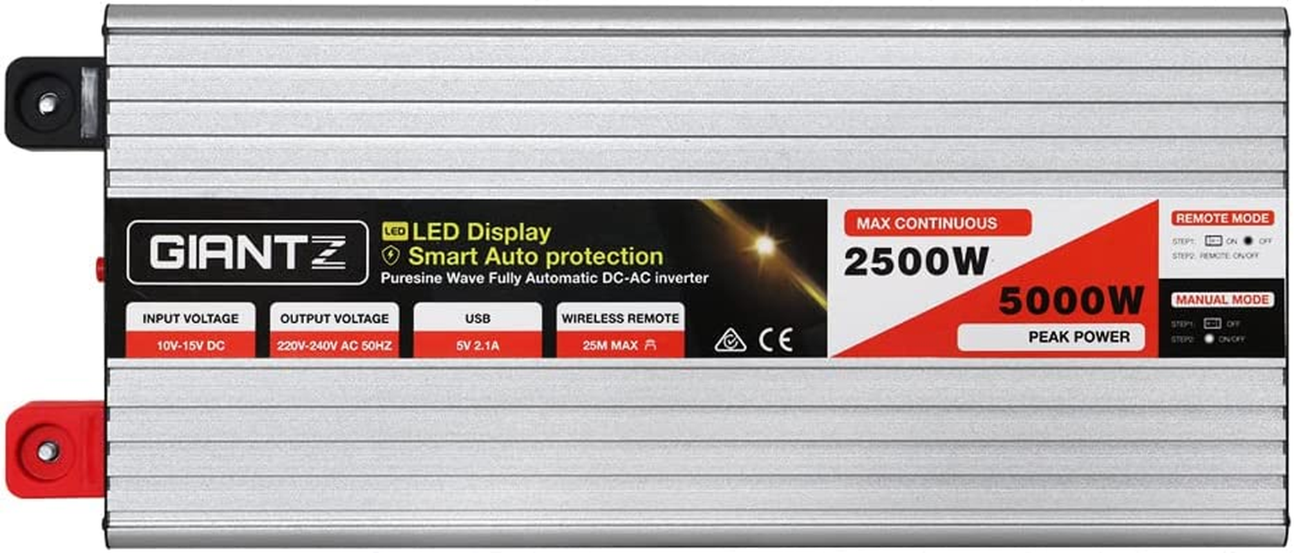 Giantz Power Inverter, 2500W/5000W 12V-240V Electric Portable Pure Sine Wave Inverters Adapter Converter Camping Car Boat Caravan Laptop Accessories, Convenient USB Output Silver image number 6