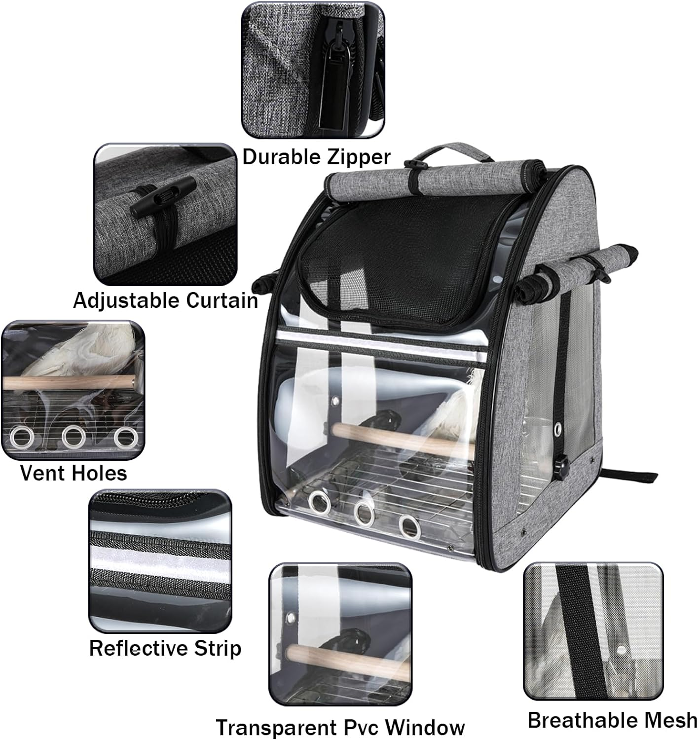 Bird Carrier Backpack - Pet Travel Cage with Upgraded Tray and Standing Perches, Breathable & Portable, for Small Birds, Green Cheek, Cockatiel, Parrot(Grey) image number 2