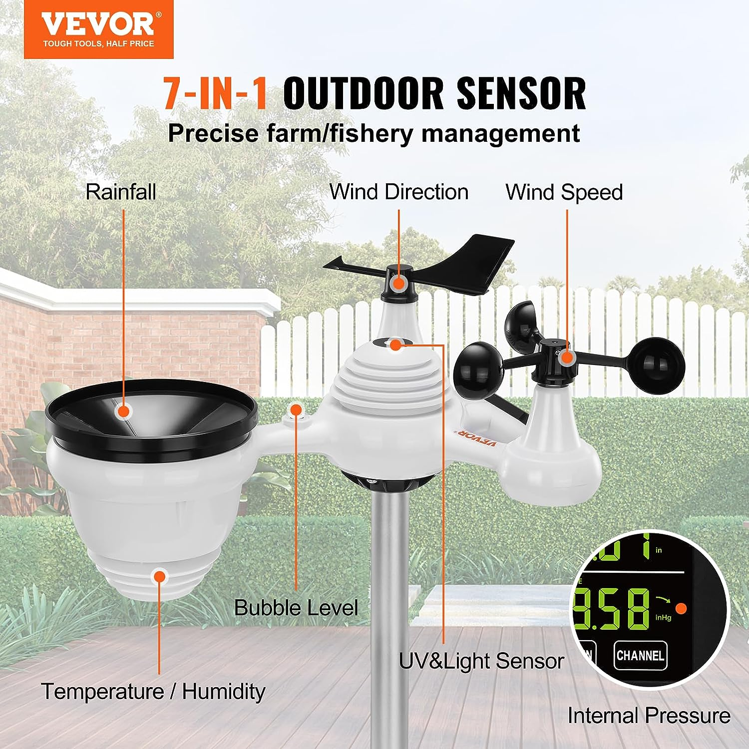 VEVOR 7-In-1 Wireless Weather Station, 7.5 in Color Display, Digital Weather Station Indoor Outdoor, for Temperature Humidity Wind Speed/Direction Rain UV, with Forecast Data, Alarm, Alerts-No Wifi image number 3