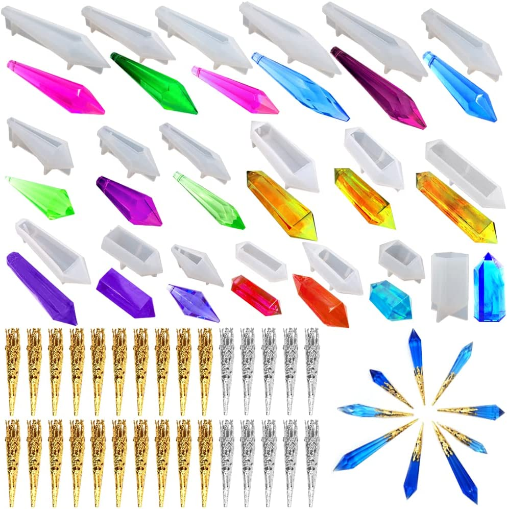 AFUNTA 20 Pcs Pendulum Resin Molds, Crystal Pendant Silicone Molds Multi-Facet Gemstone Resin Molds Silicone for Jewelry Necklace Making DIY Craft with 30 Pcs Bead Caps image number 3