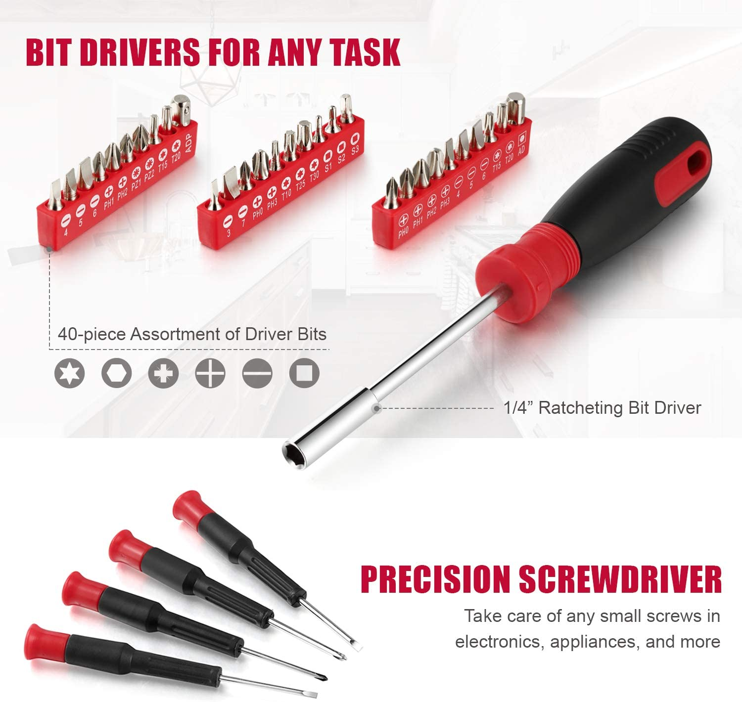 Eastvolt 128-Piece Home Repair Tool Set, Tool Sets for Homeowners, General Household Hand Tool Set with Storage Toolbox, EVHT12801, Black + Red (ASK01) image number 4